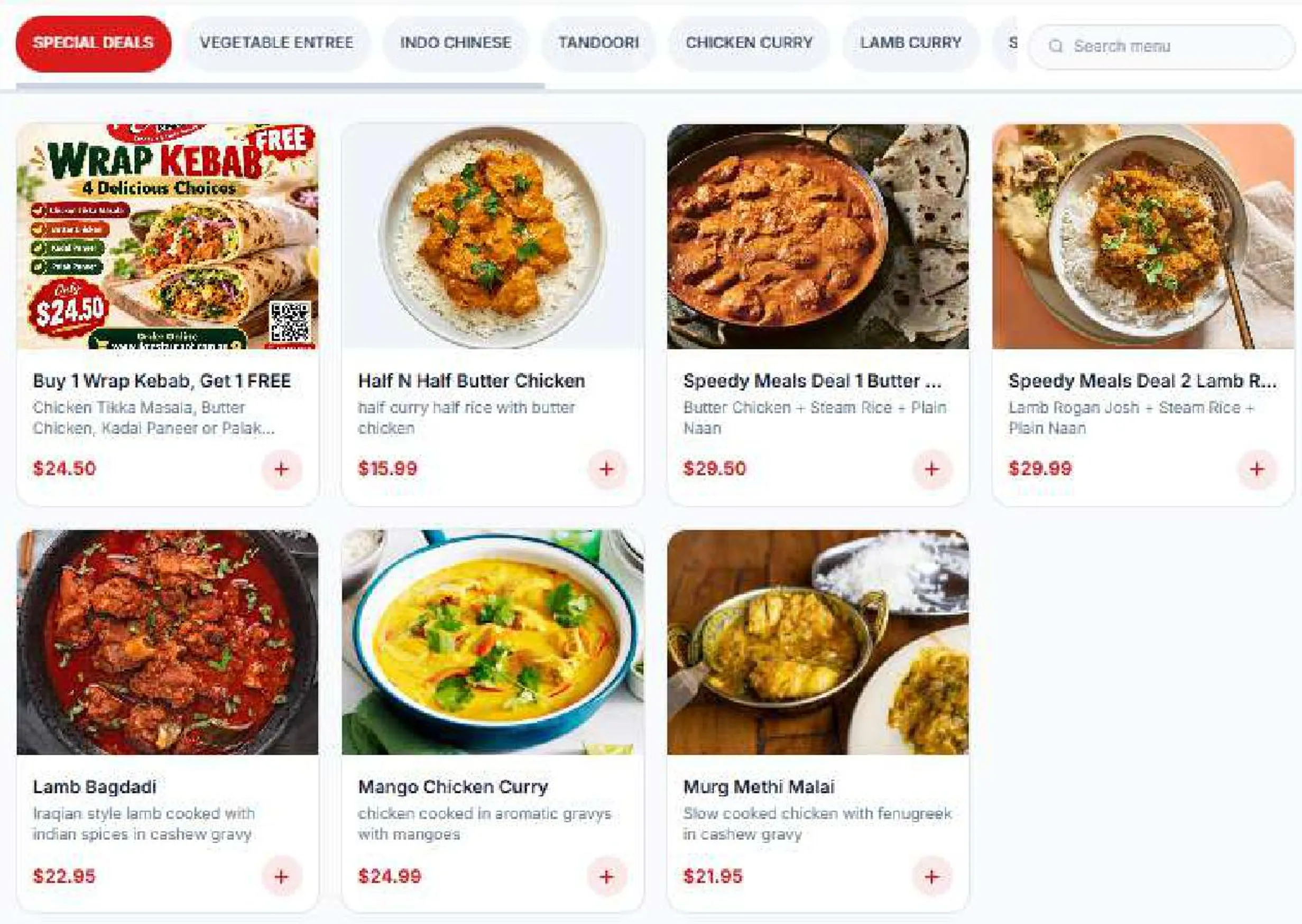 JK Tandoori and Curry House menu, page 1