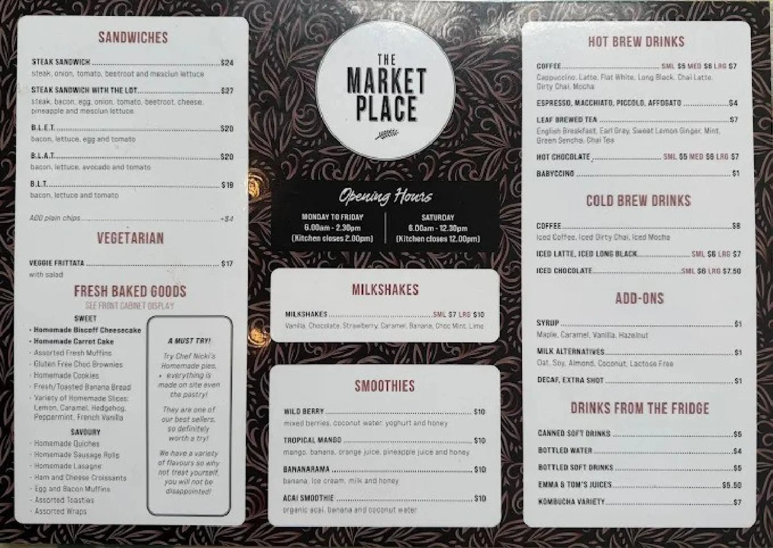 The Market Place Cafe menu, page 1