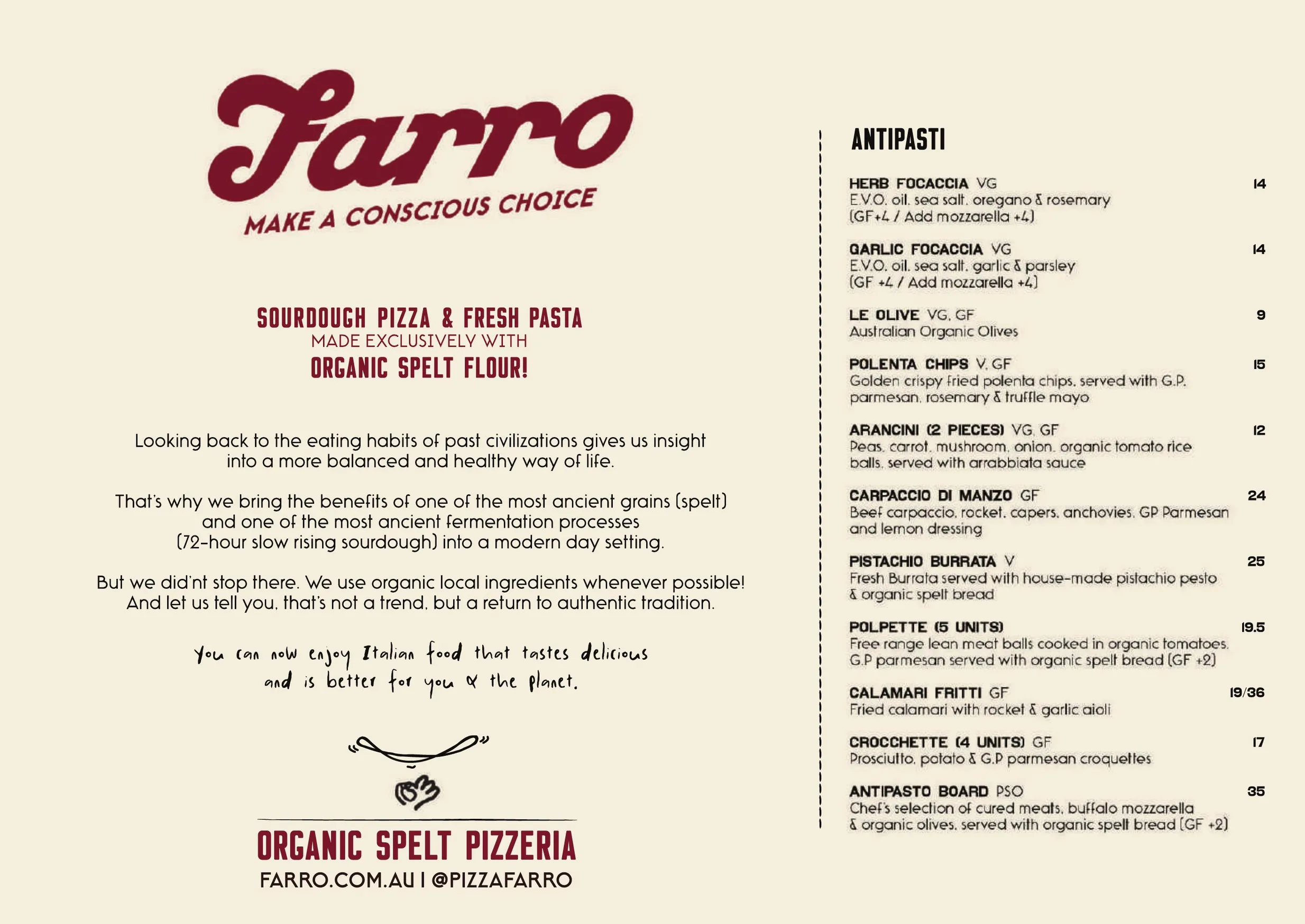 Farro menu, page 1