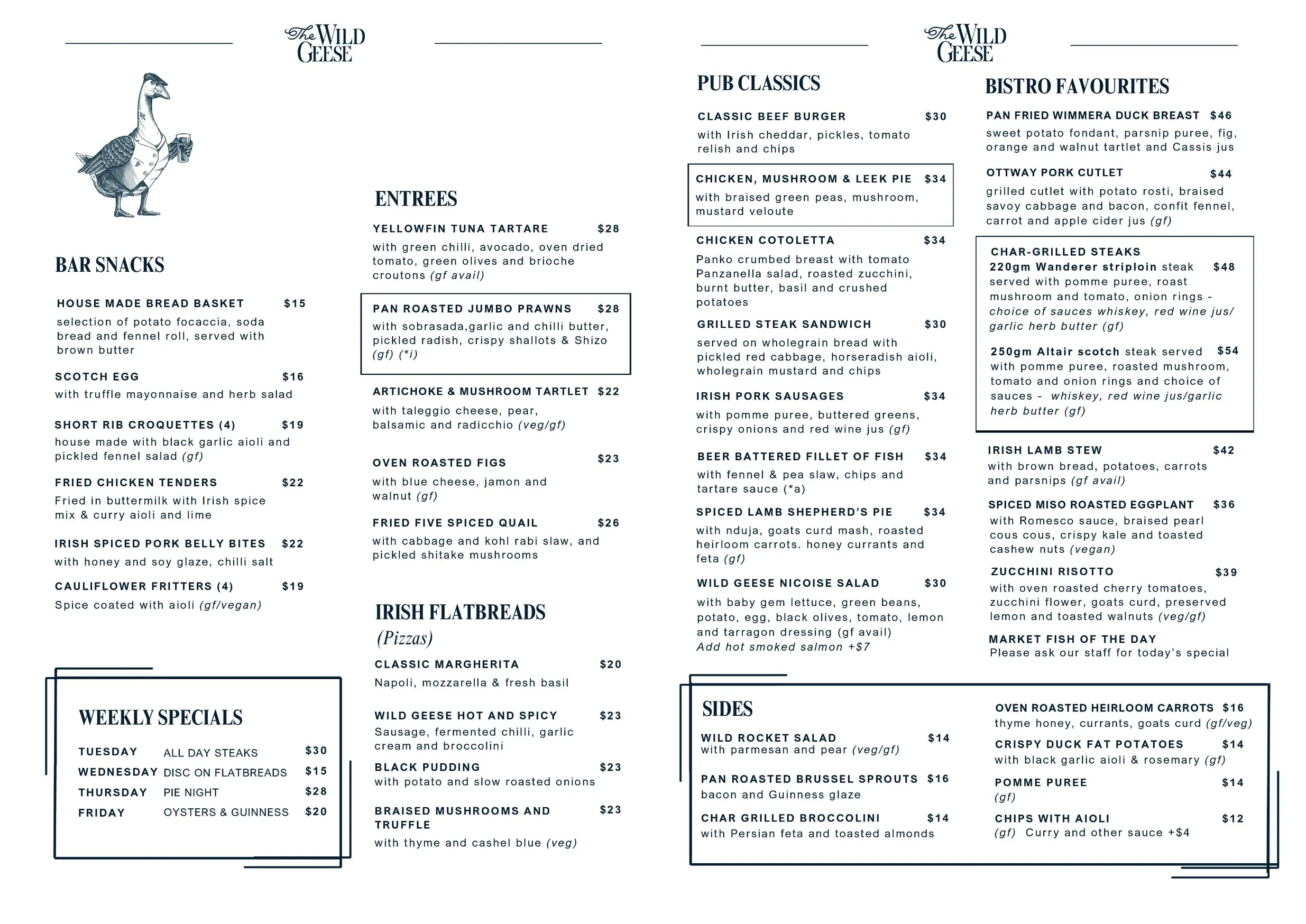 The Wild Geese menu, page 1