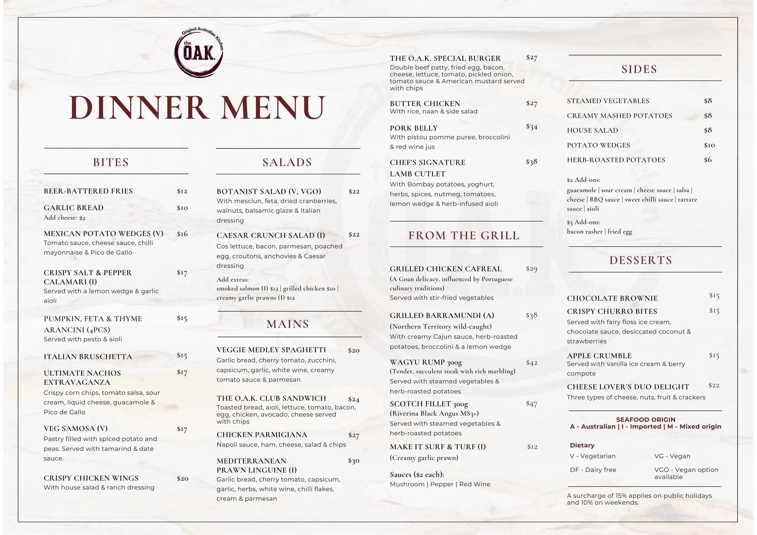 The O.A.K Original Australian Kitchen menu, page 2