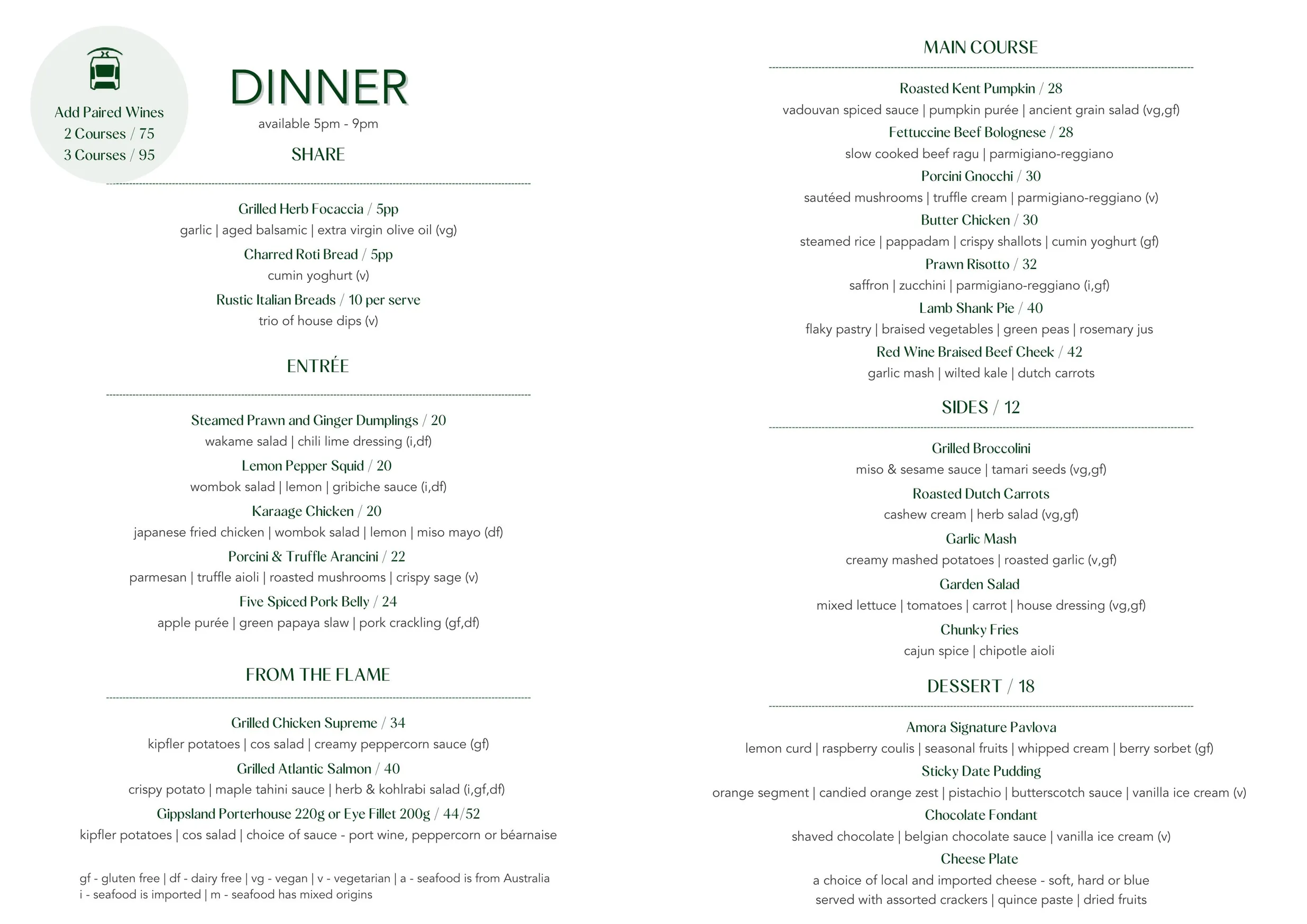 The Reserve Restaurant menu, page 1