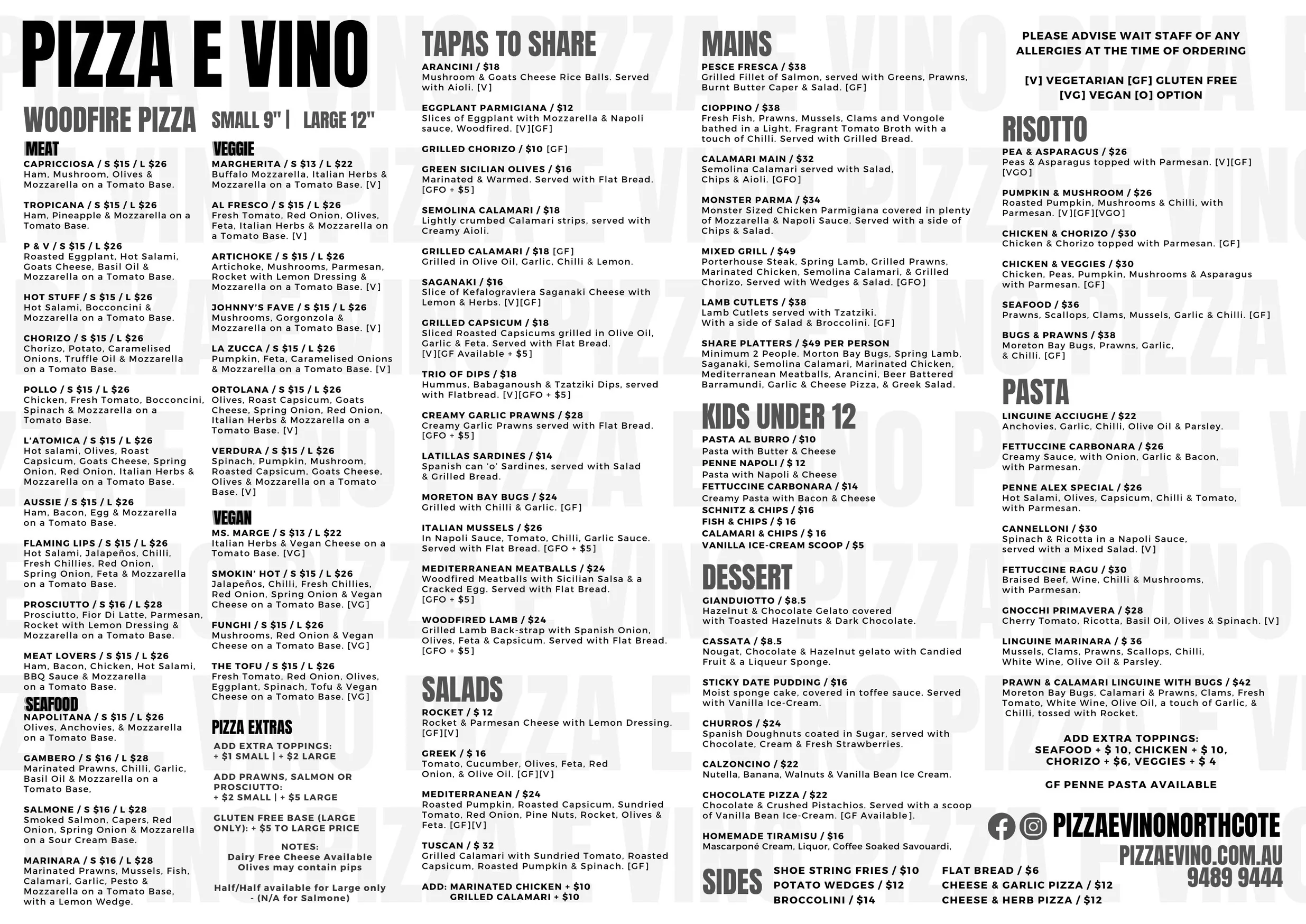 Pizza e Vino menu, page 1