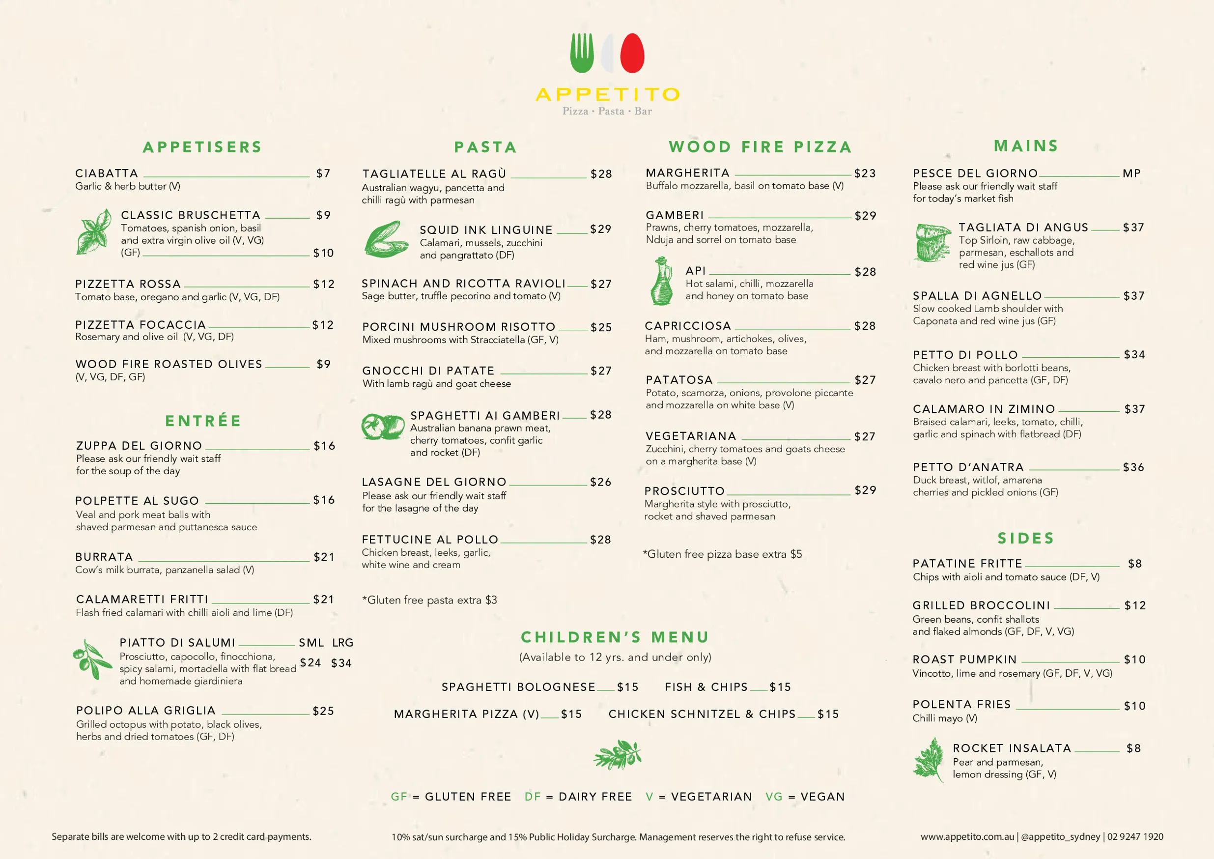 Appetito Pizza.Pasta.Bar menu, page 1