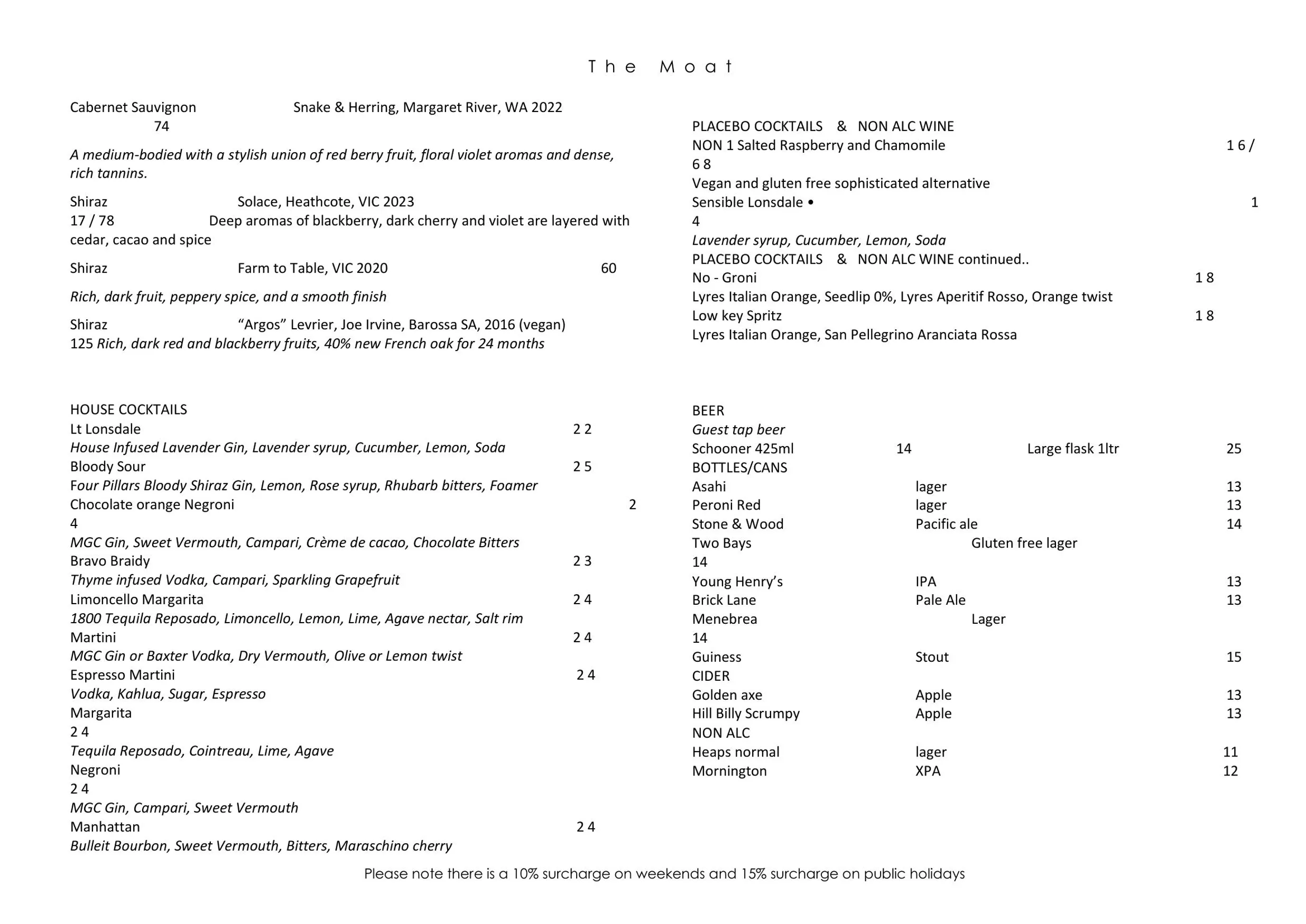 The Moat menu, page 3