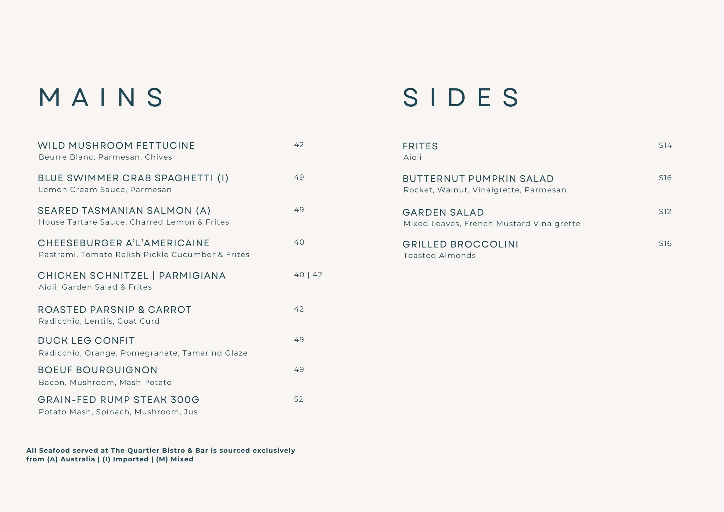 The Quartier menu, page 3