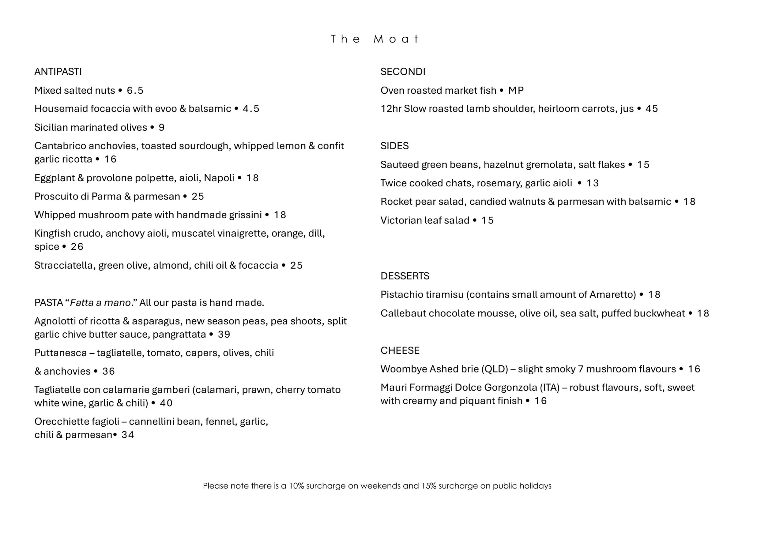 The Moat menu, page 1