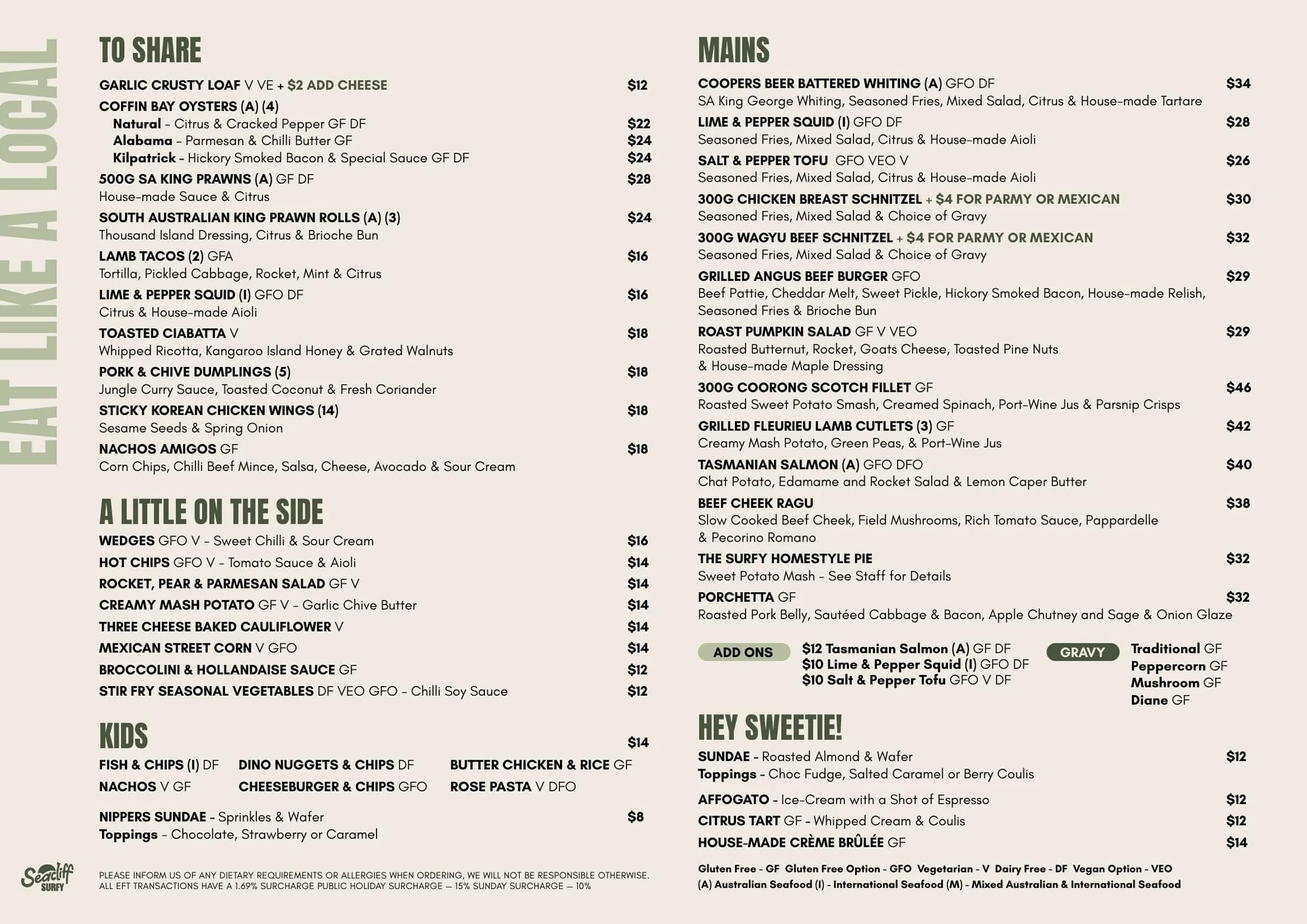 Seacliff Surfy menu, page 1