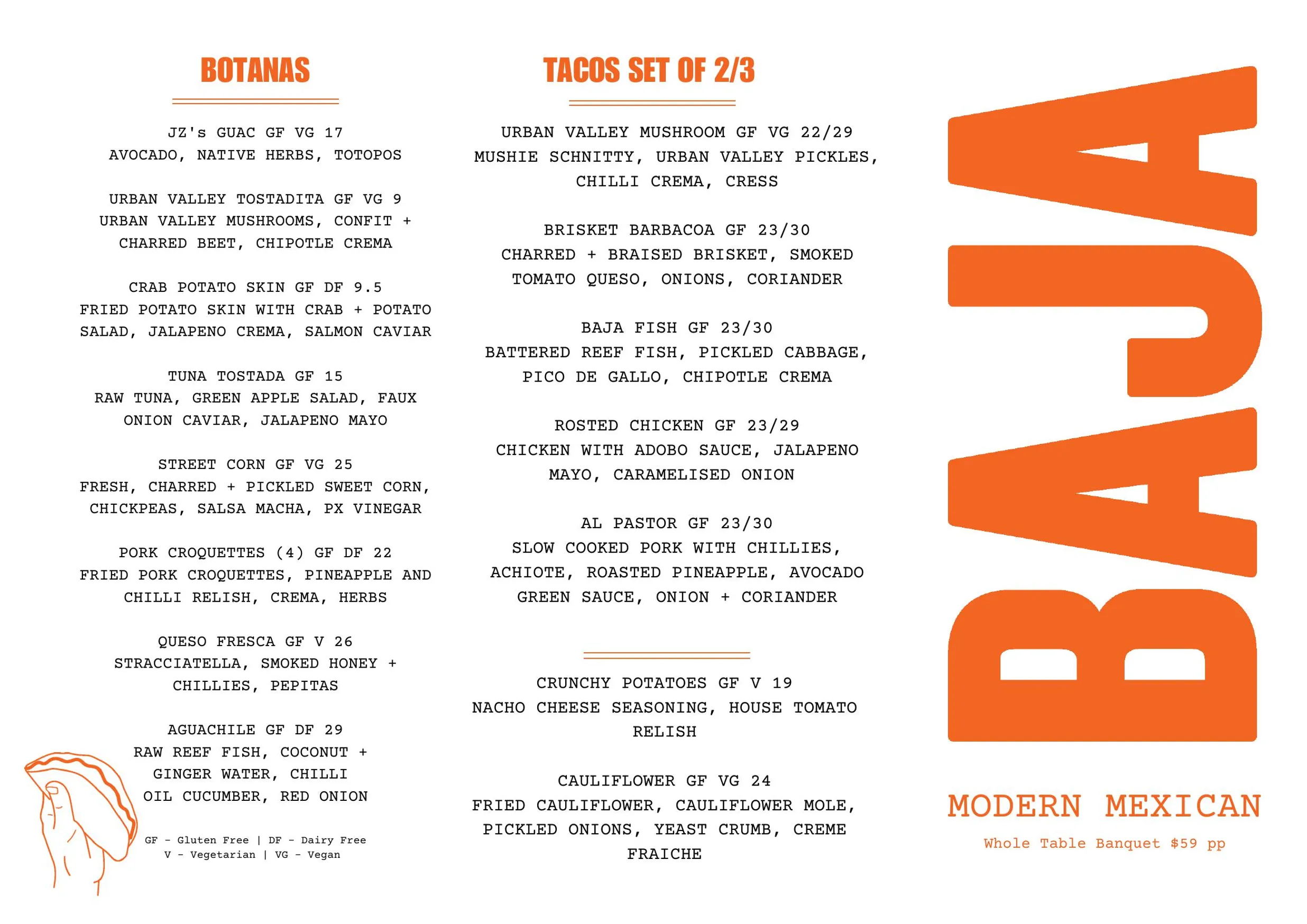 BAJA menu, page 1