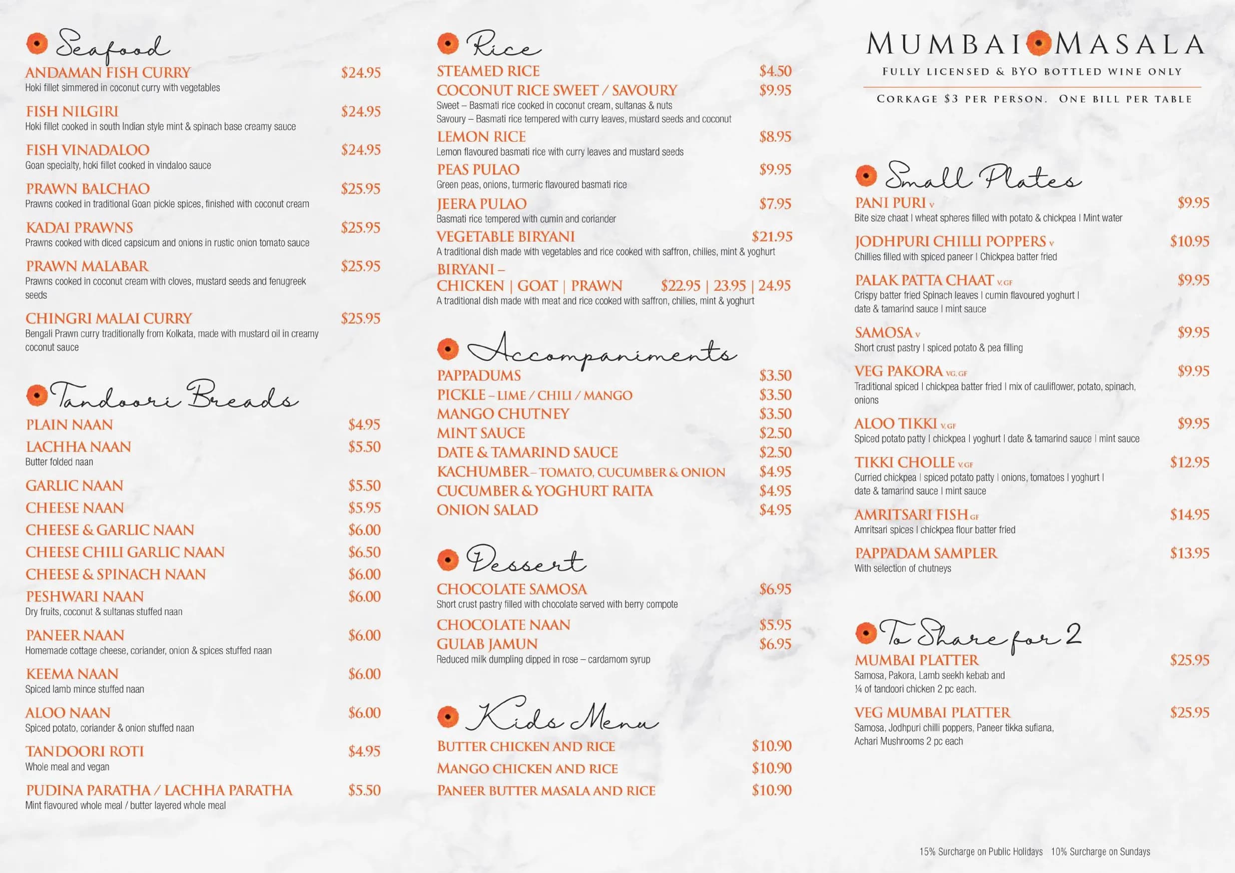 Mumbai Masala Indian Restaurant menu, page 1