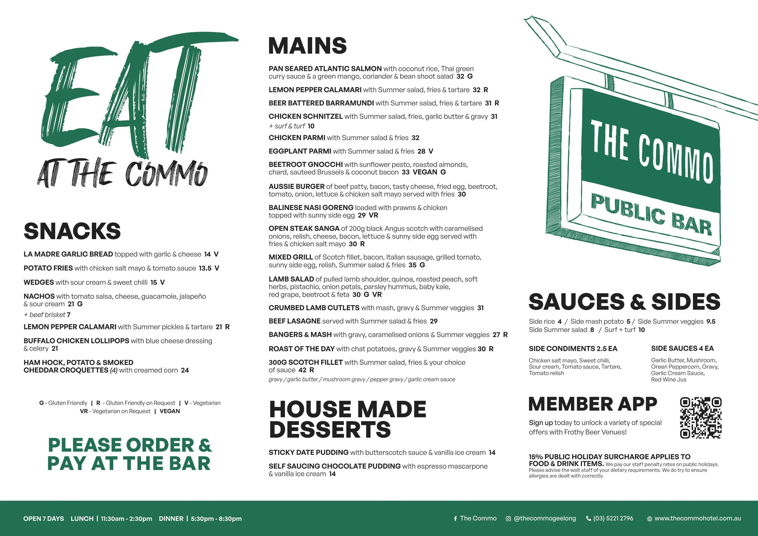 The Commo Hotel menu, page 1