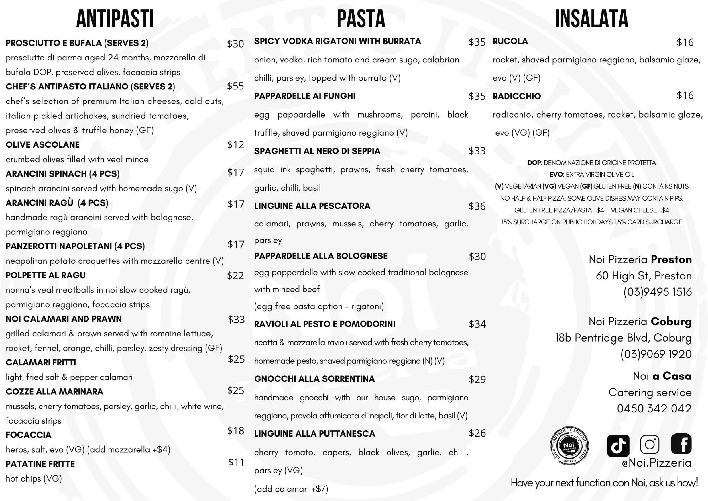 Noi Pizzeria menu, page 1