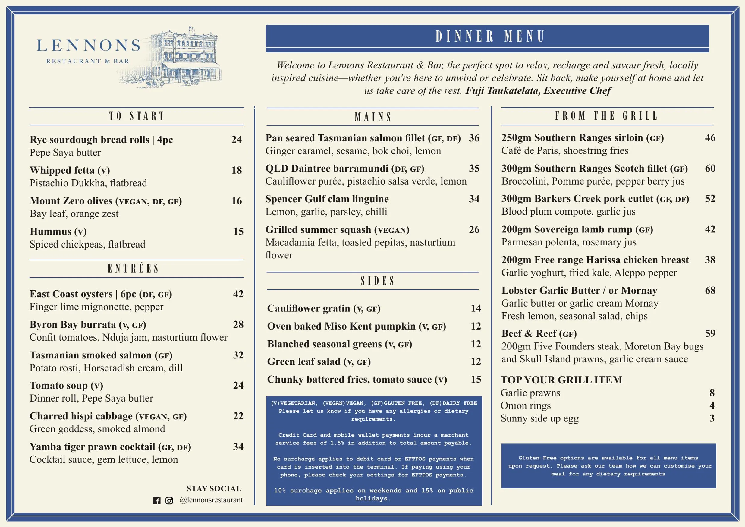 Lennons Restaurant & Bar menu, page 1