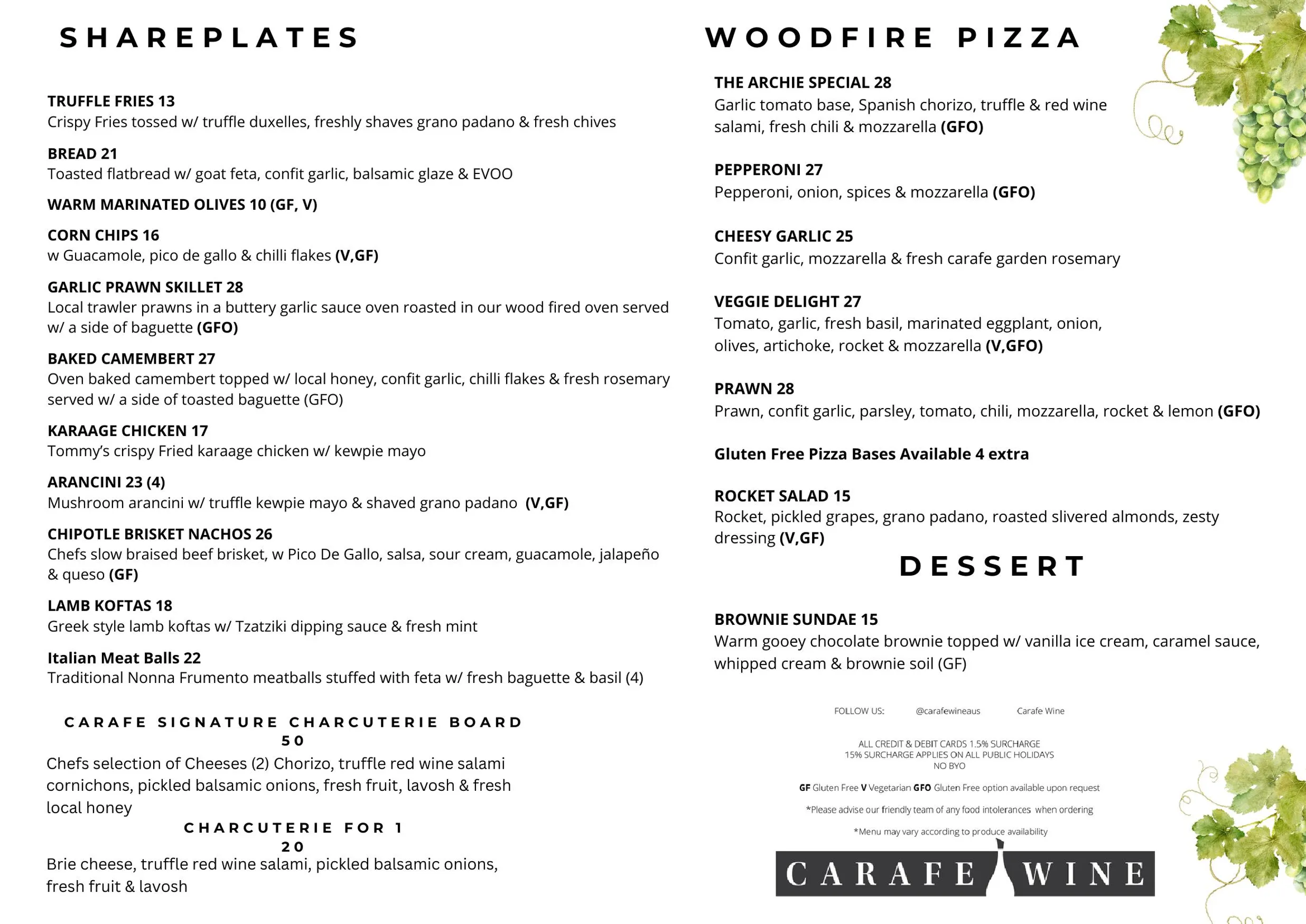 Carafe Wine menu, page 1