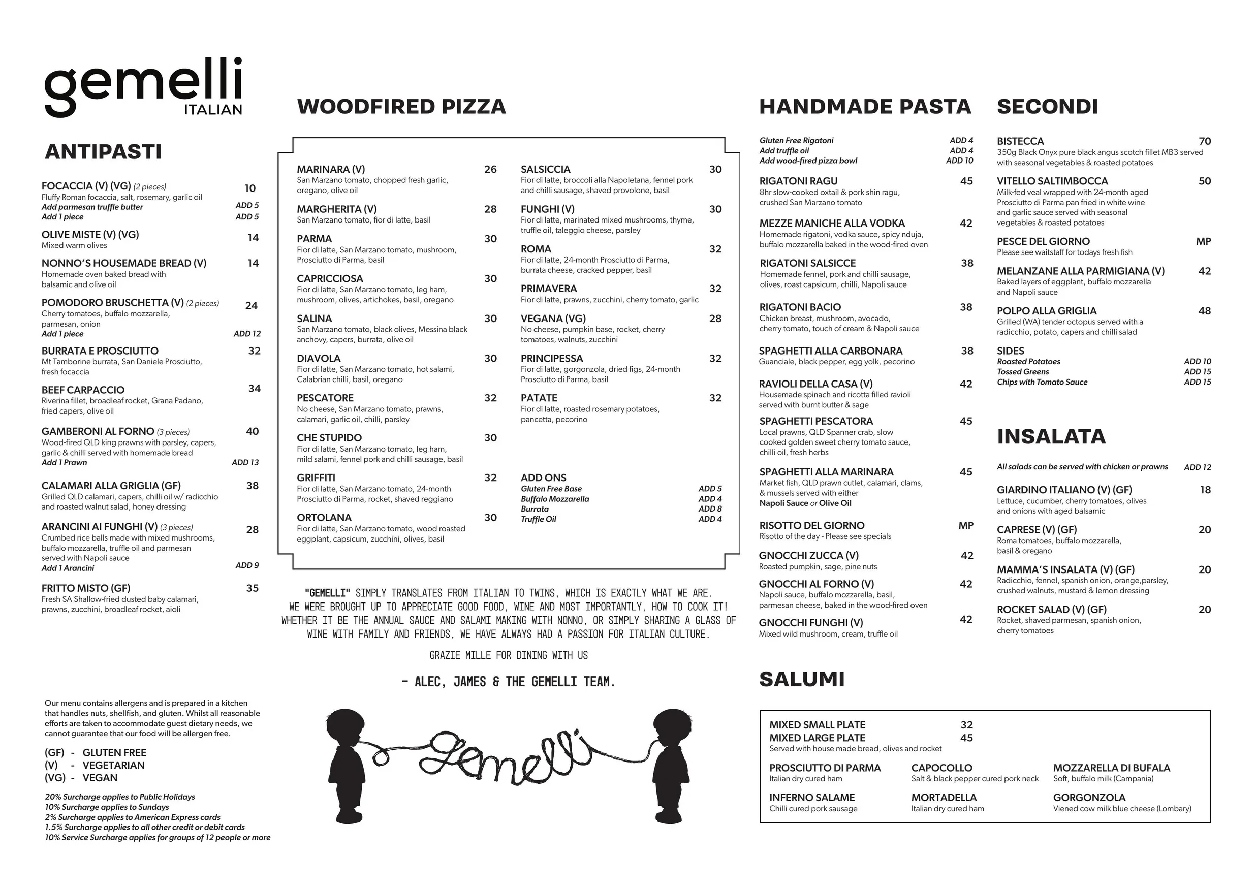 Gemelli Italian menu, page 1