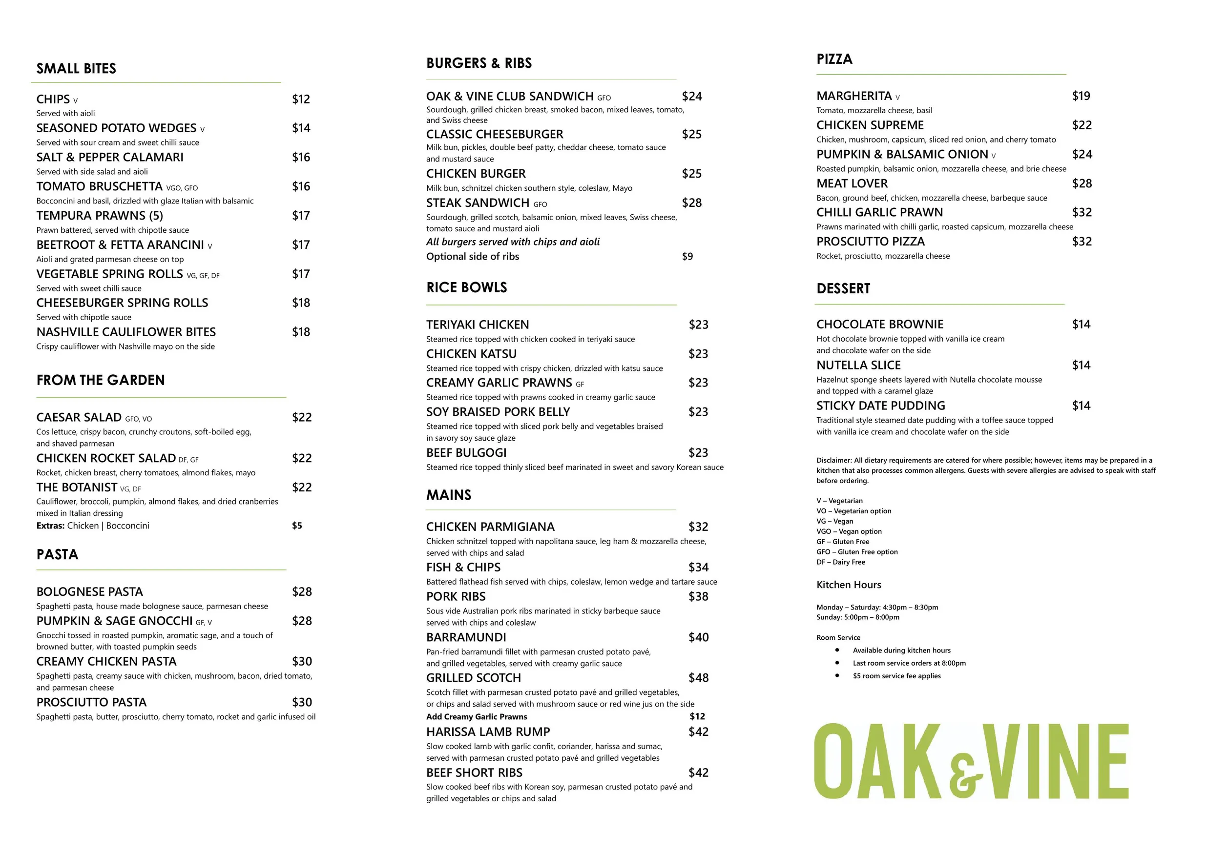 Oak & Vine menu, page 1