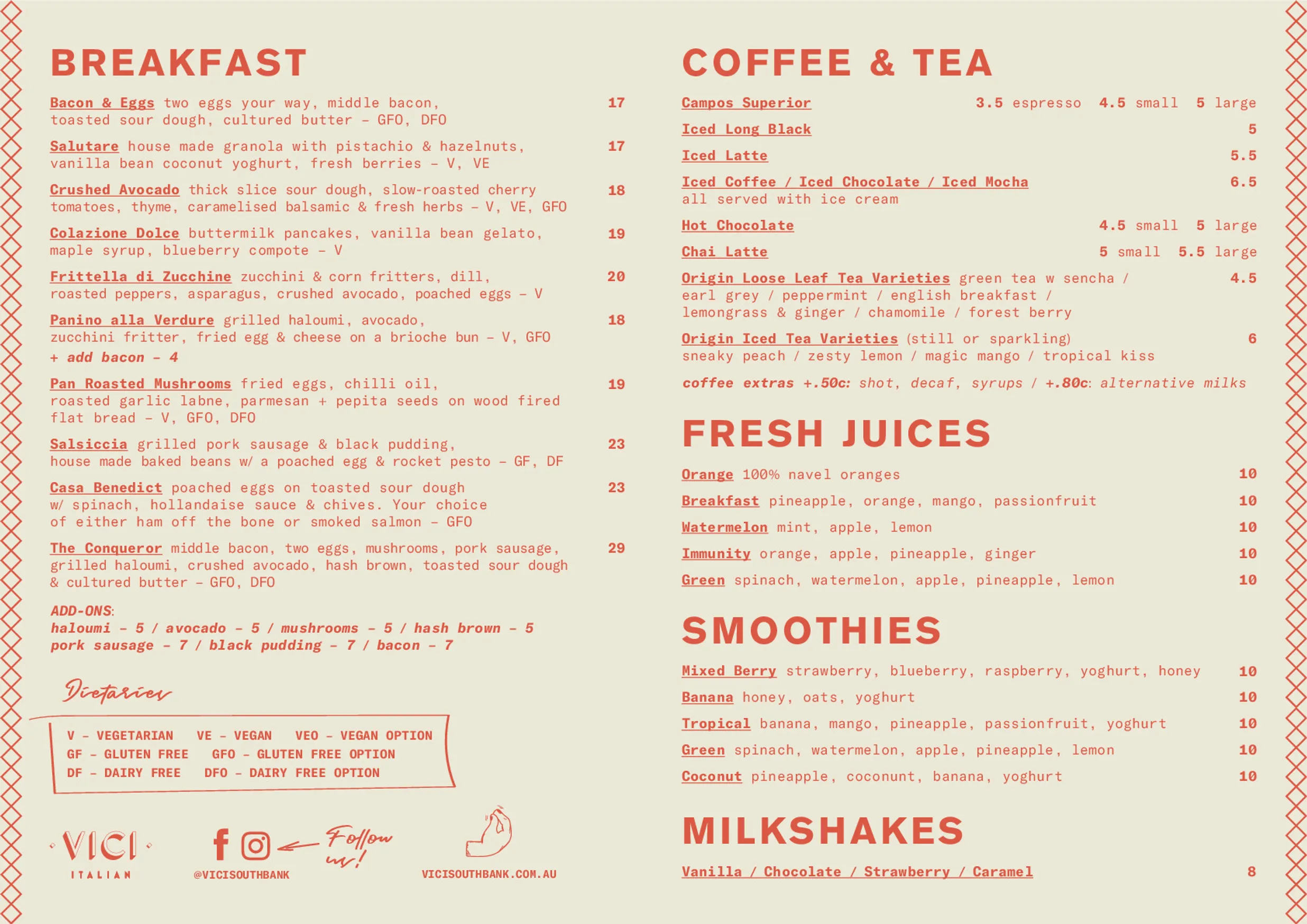 Vici Italian menu, page 2