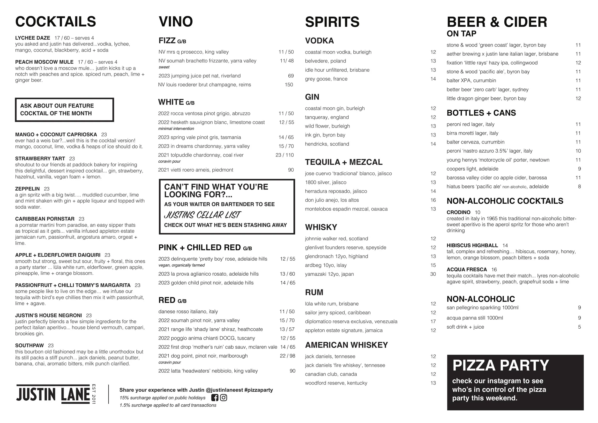 Justin Lane menu, page 3