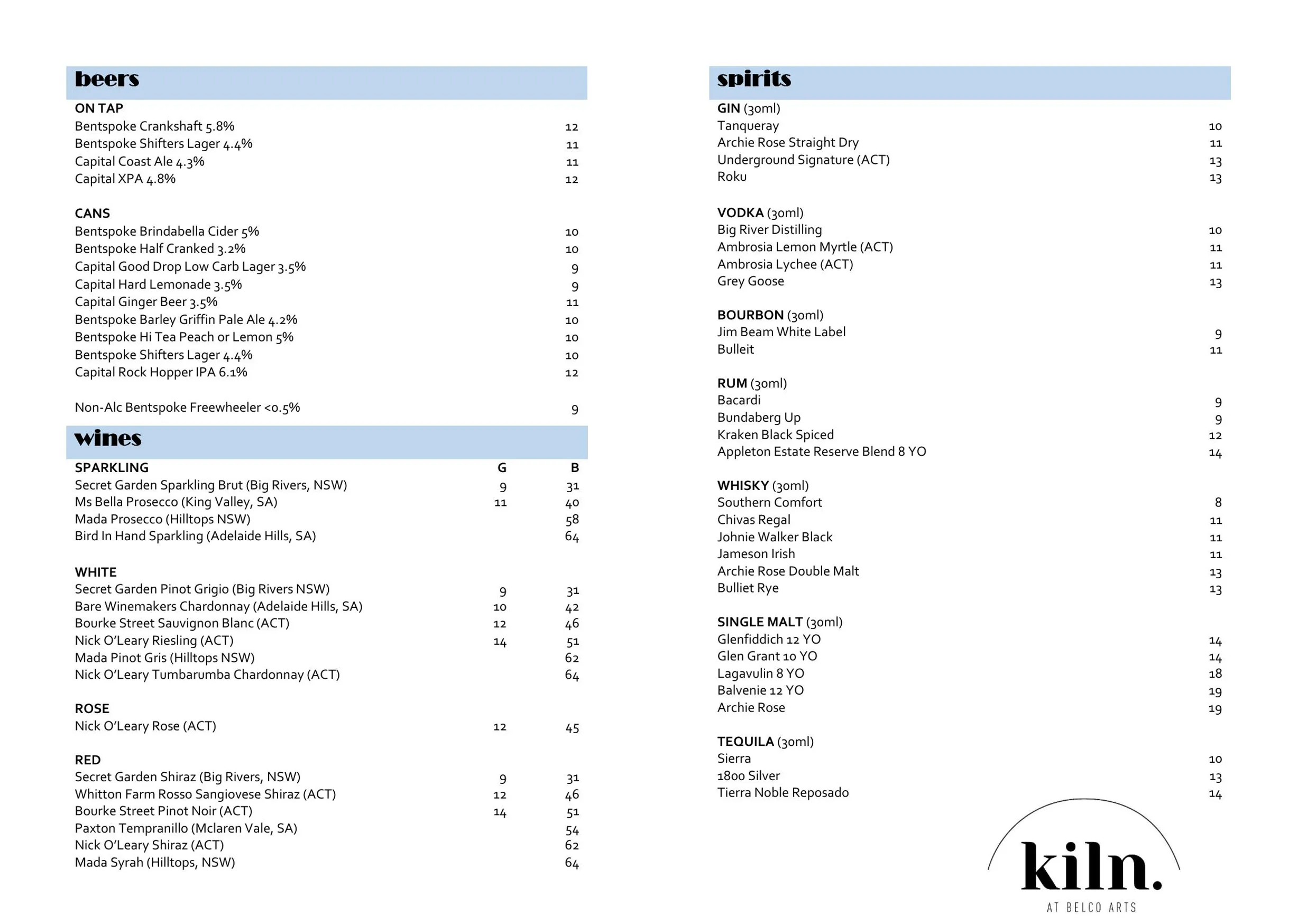 Kiln at Belco Arts menu, page 4