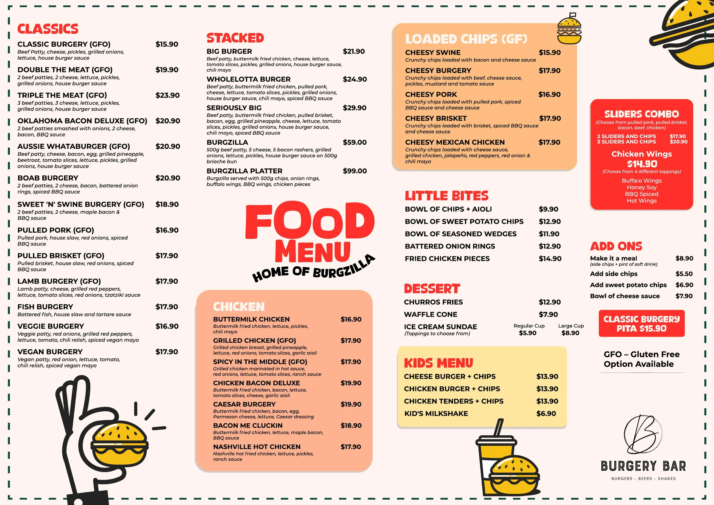 Burgery Bar menu, page 1