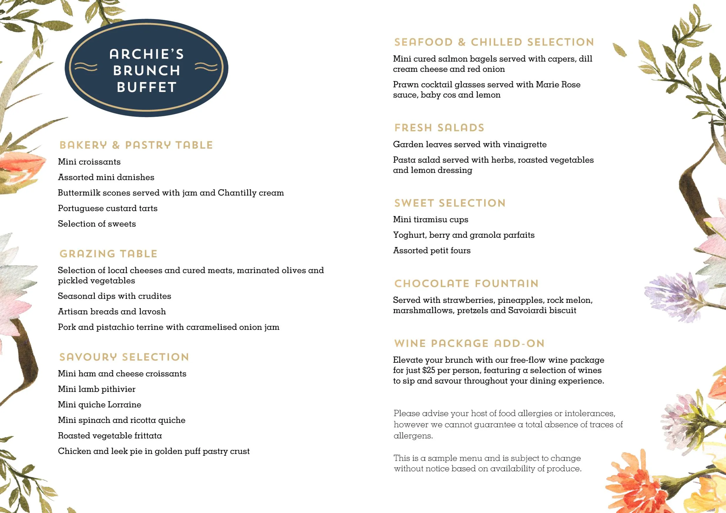 Archie's Sunday Brunch Buffet menu, page 1