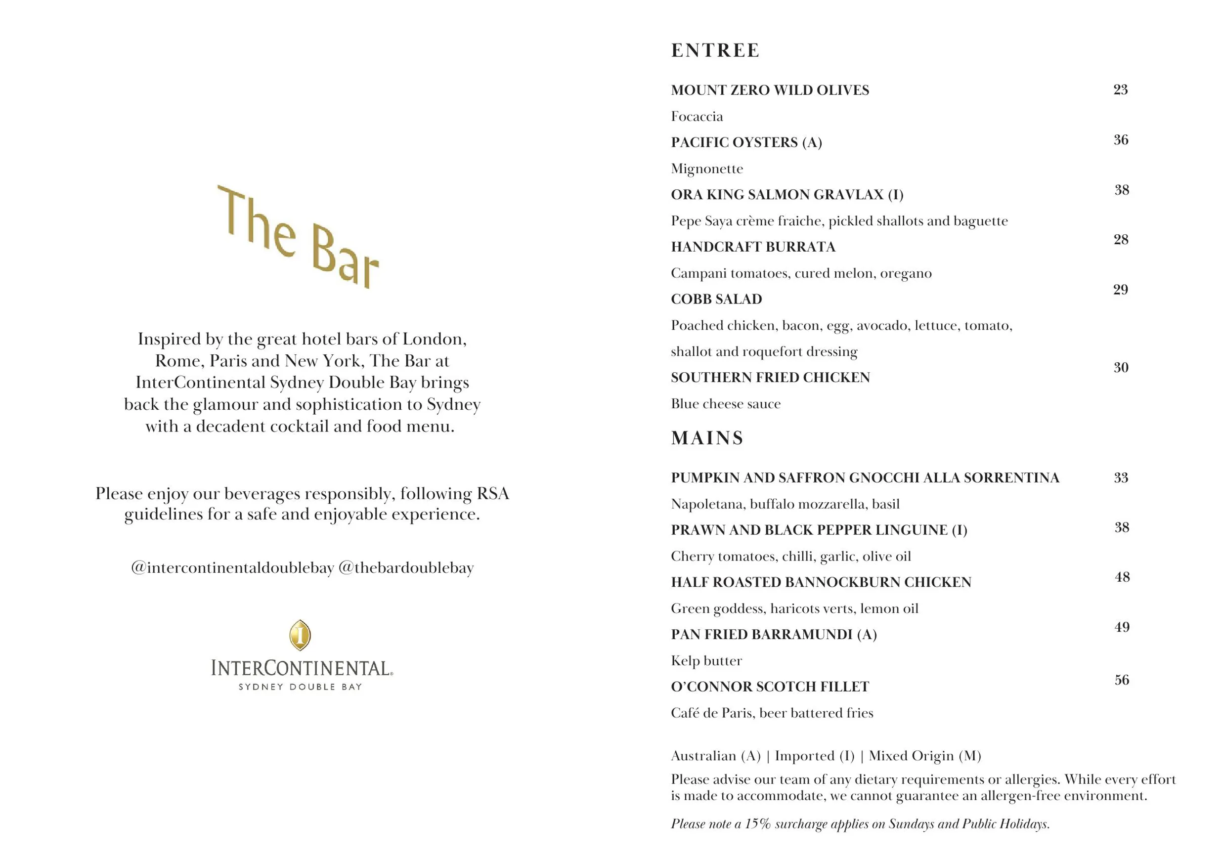 THE BAR @ Intercontinental Sydney Double Bay menu, page 1