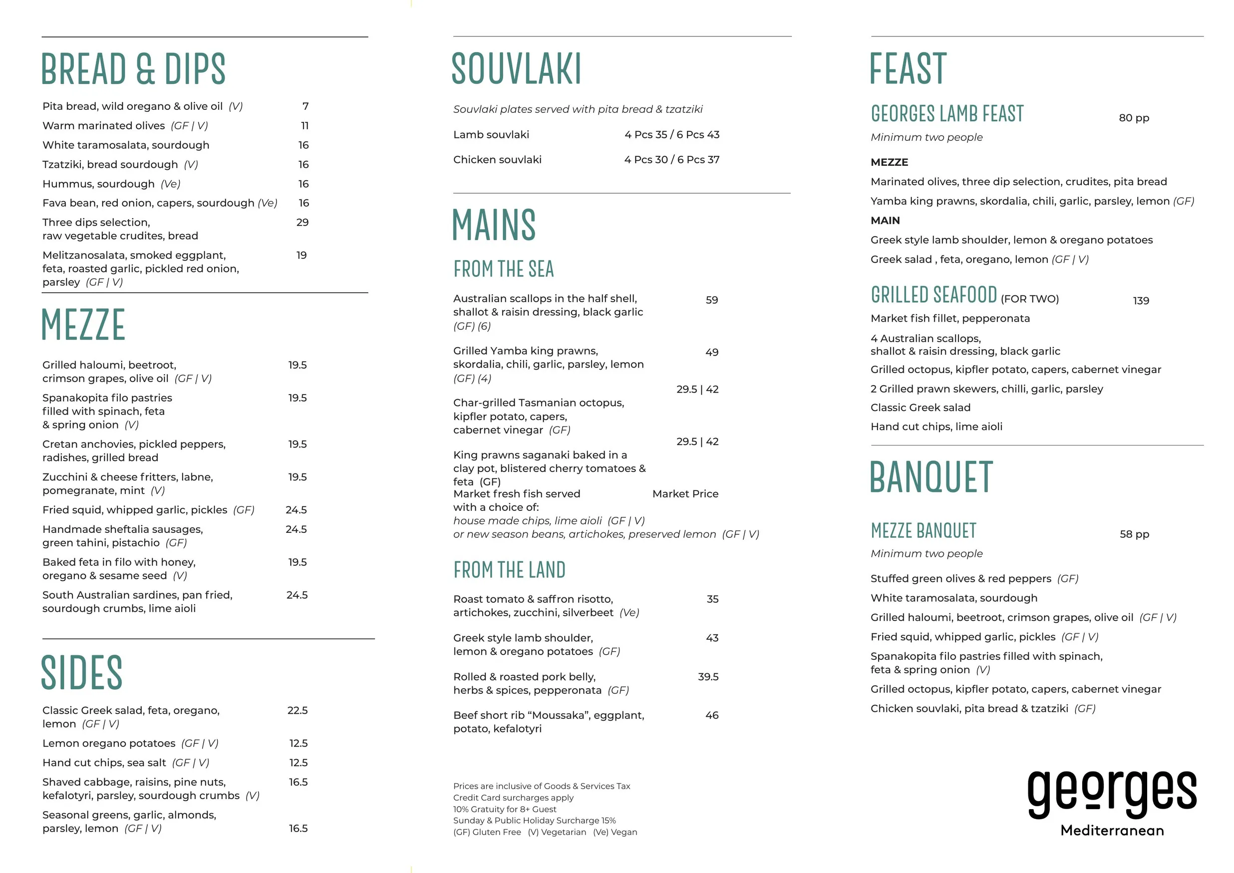 Georges Mediterranean menu, page 1