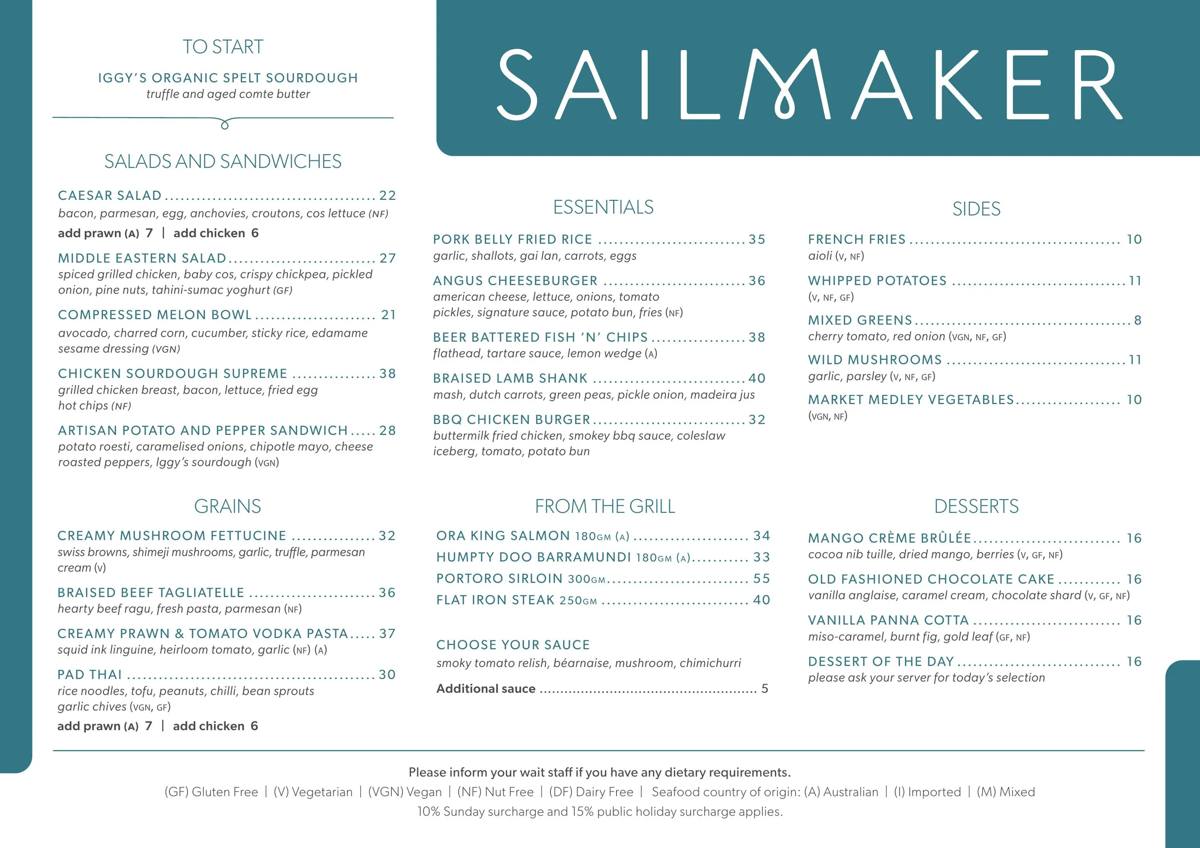 Sailmaker Restaurant menu, page 1