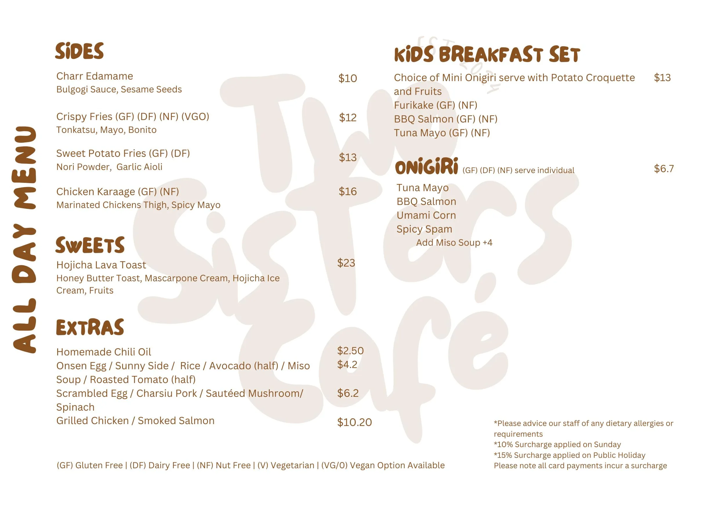 Two Sisters Cafe menu, page 2