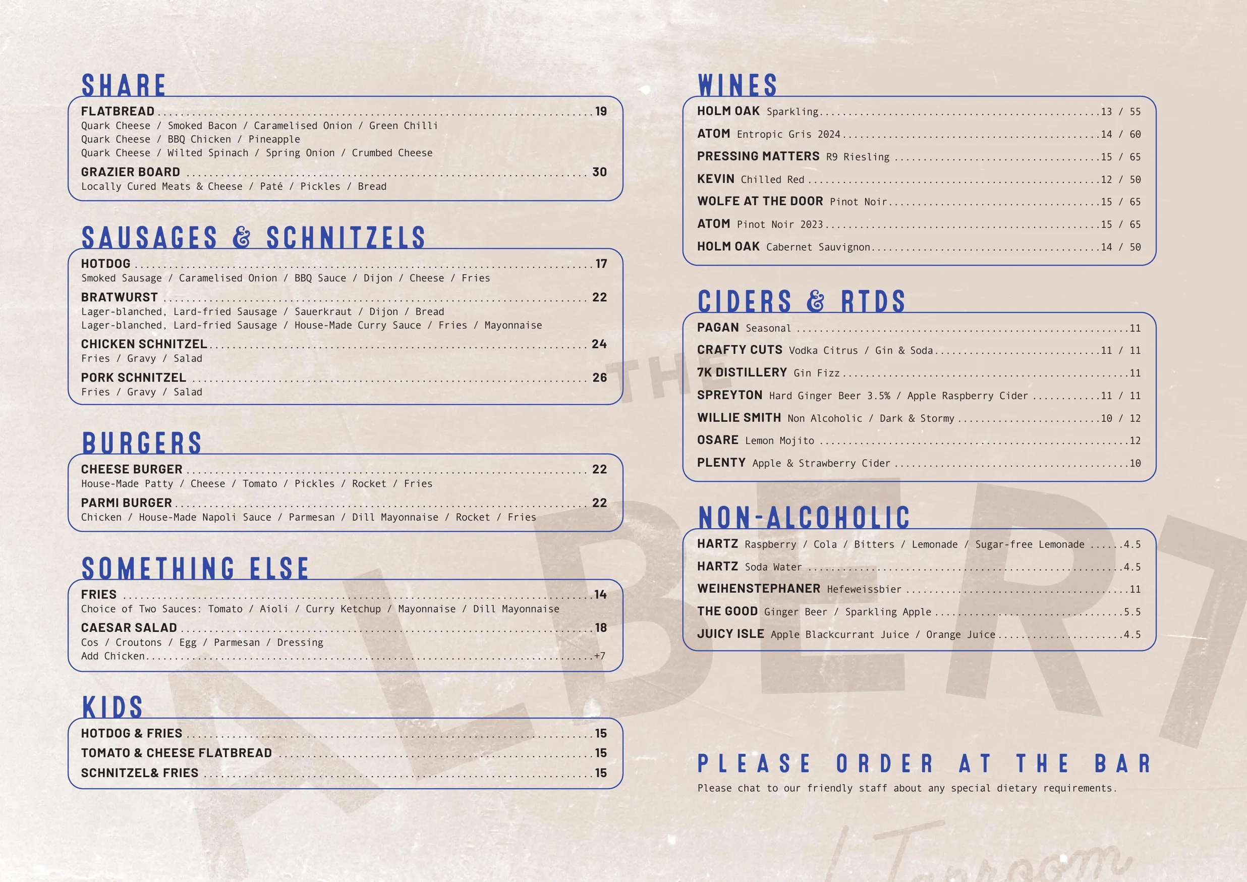 The Albert Brewery menu, page 1
