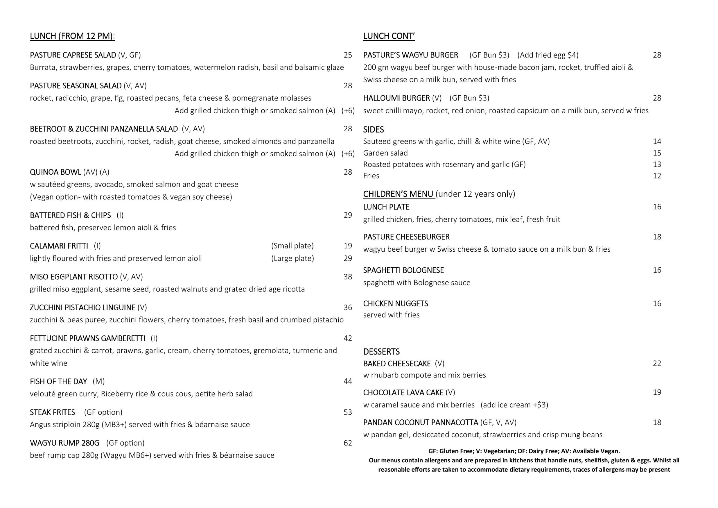 Pasture of Kirribilli menu, page 1