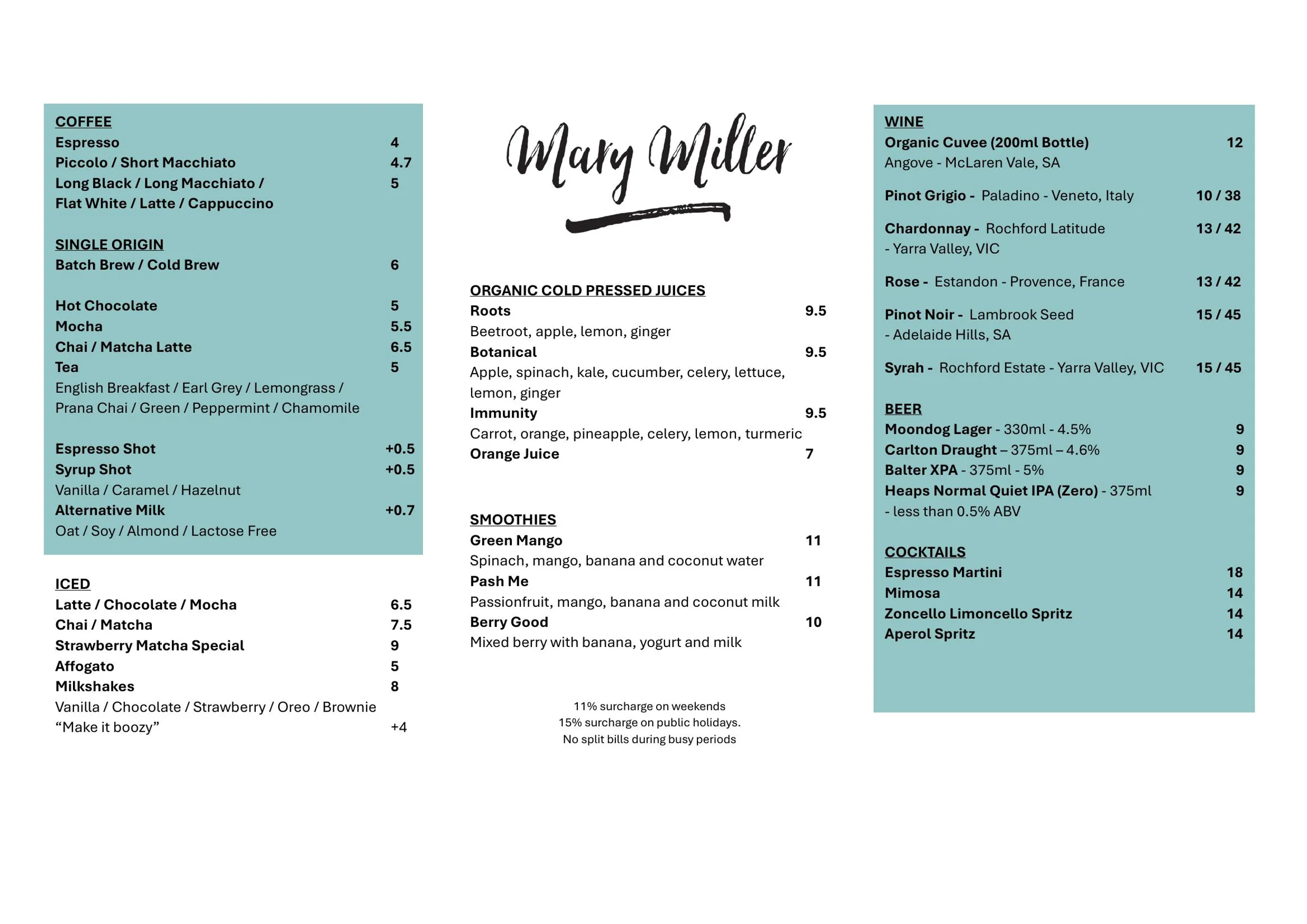 Mary Miller Cafe menu, page 1