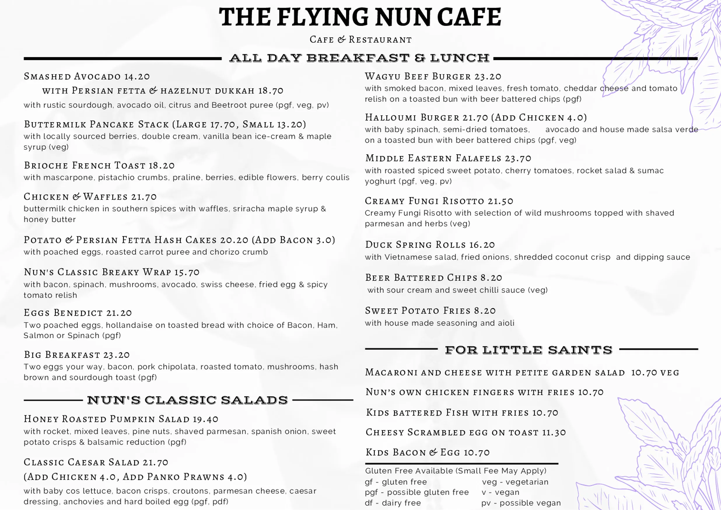 The Flying Nun Cafe menu, page 1