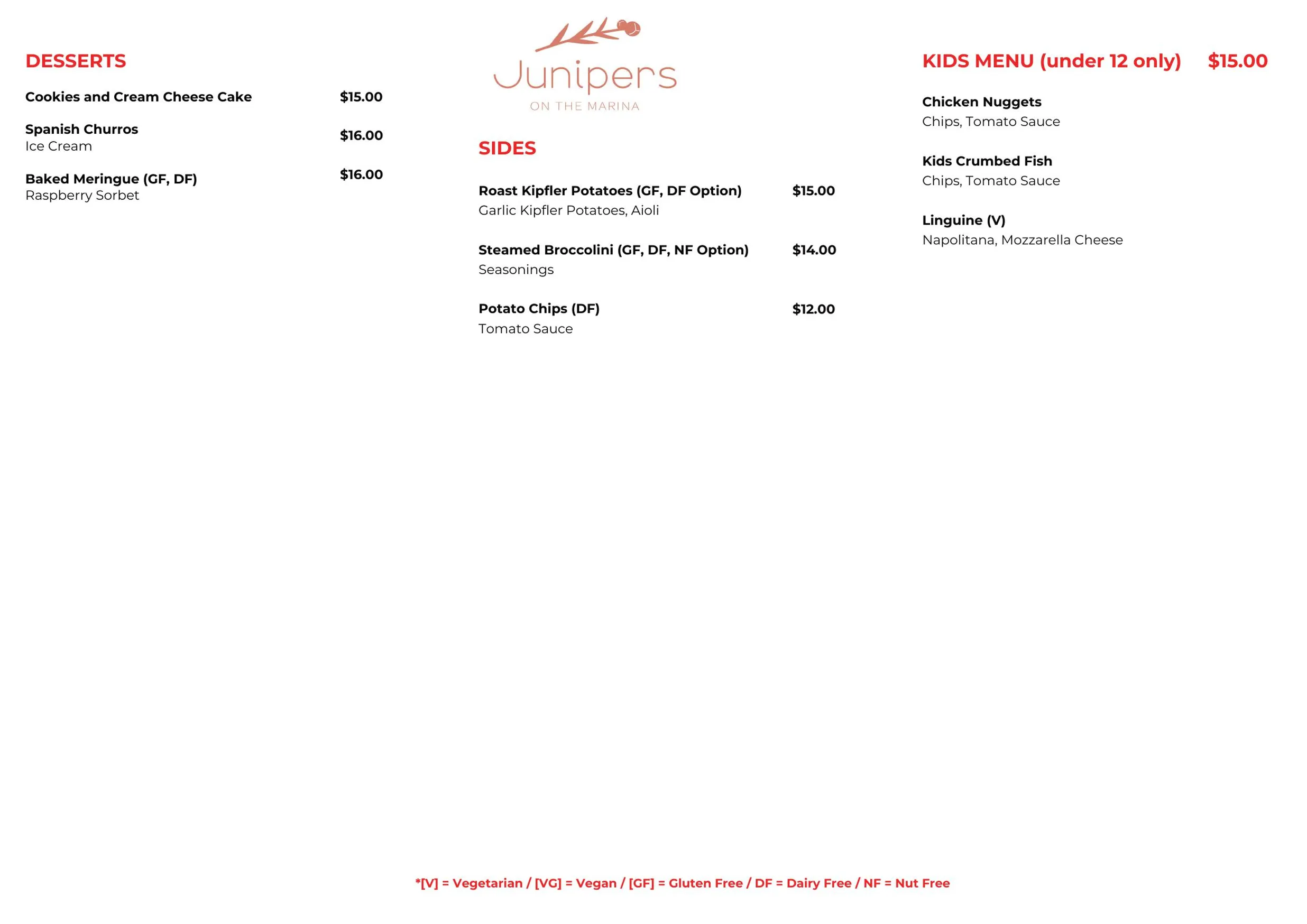 Junipers On The Marina menu, page 2