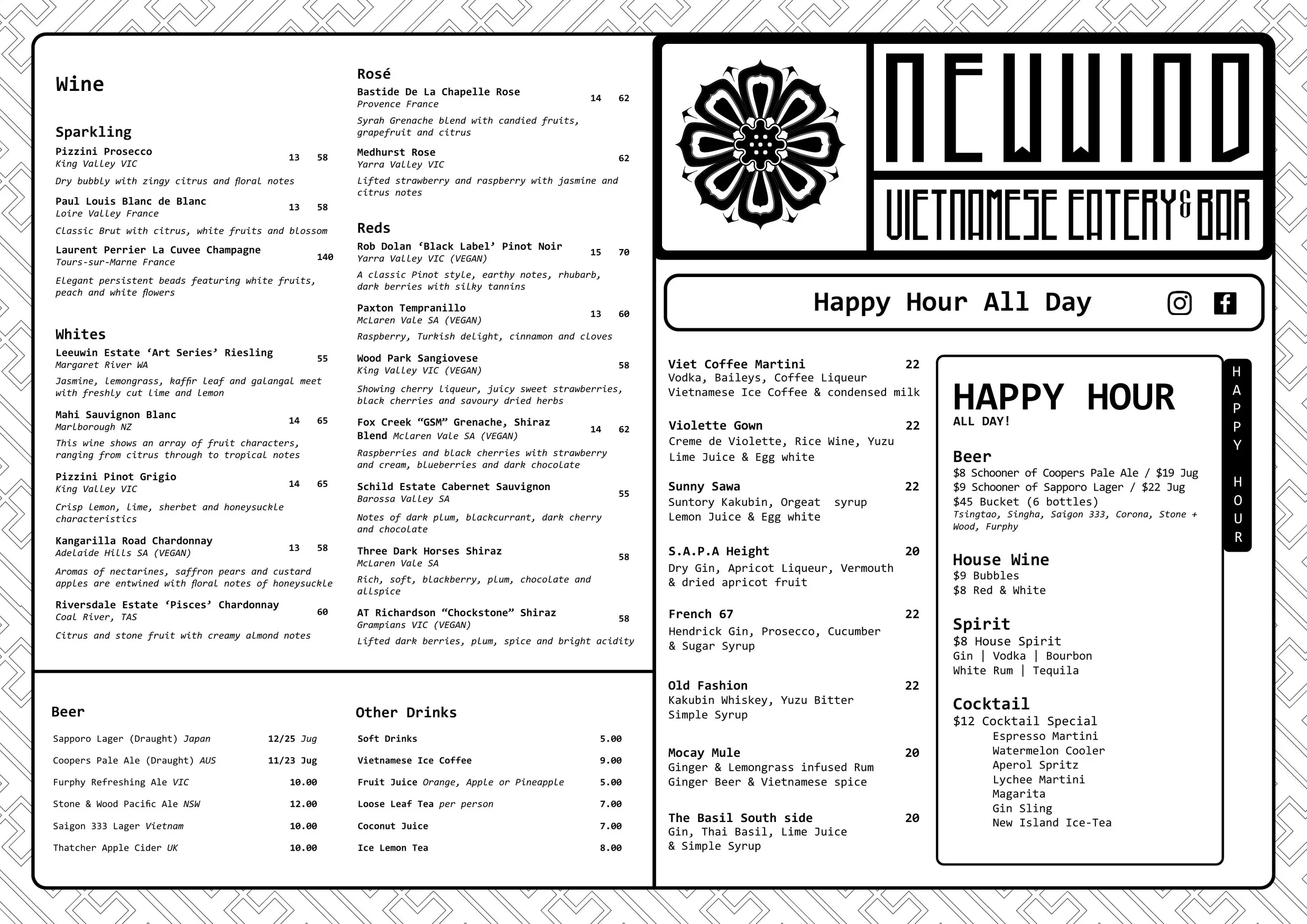 New Wind Vietnamese's Eatery & Bar menu, page 1