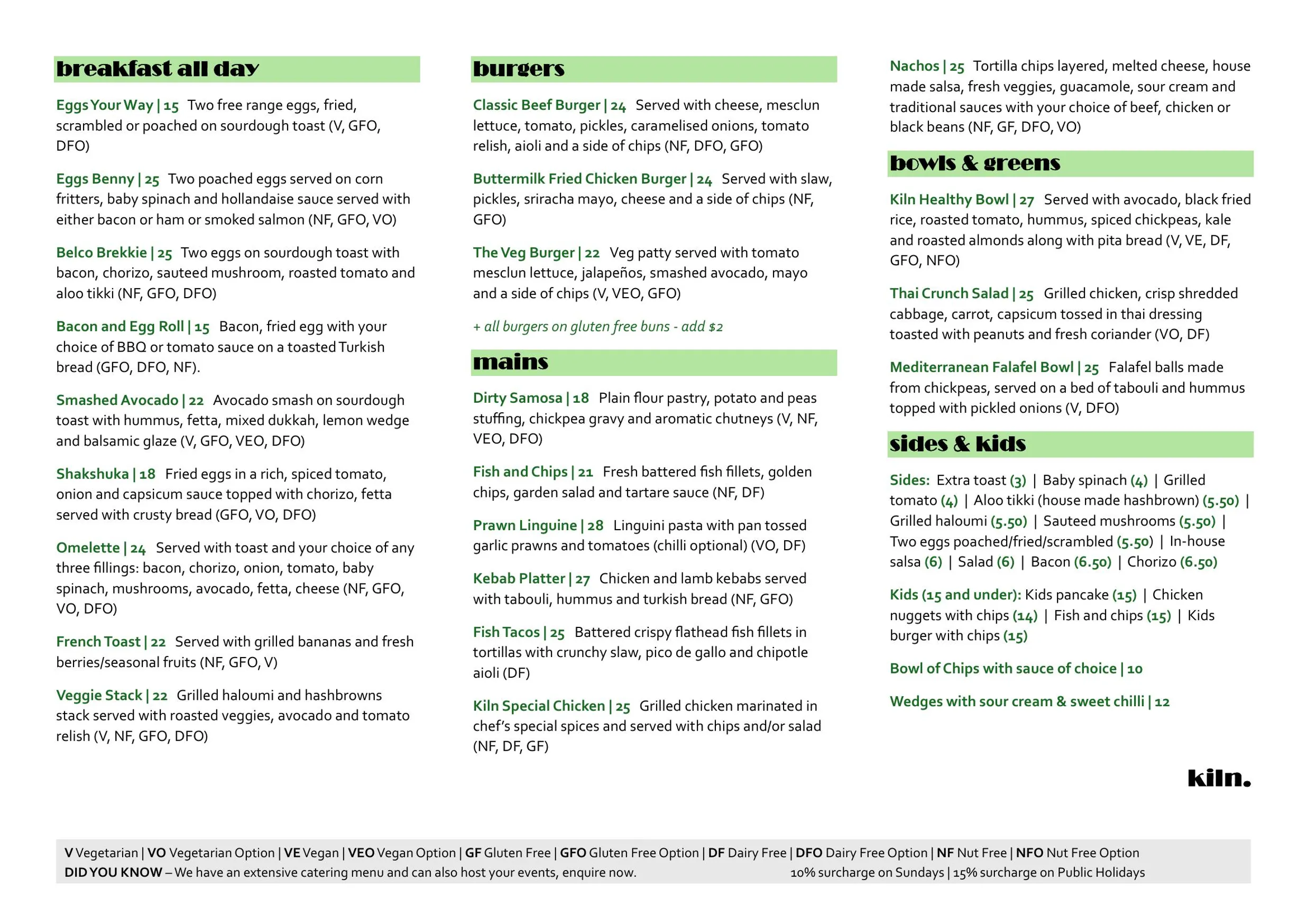 Kiln at Belco Arts menu, page 1