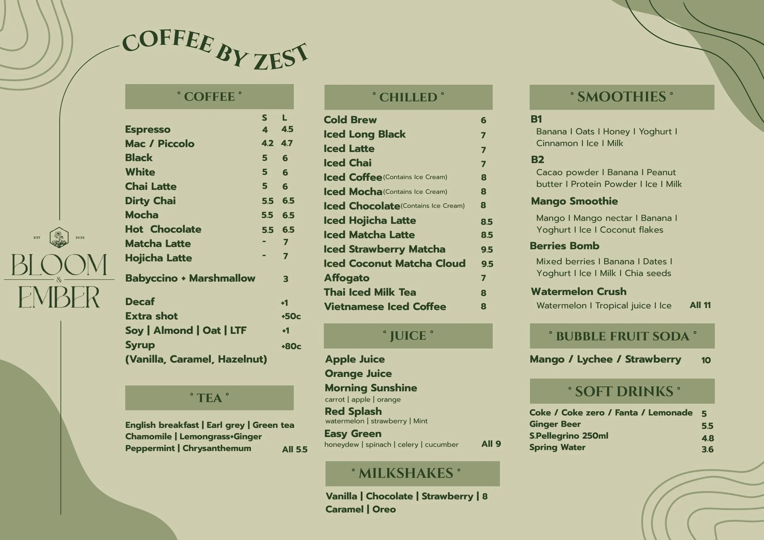 Bloom & Ember menu, page 2