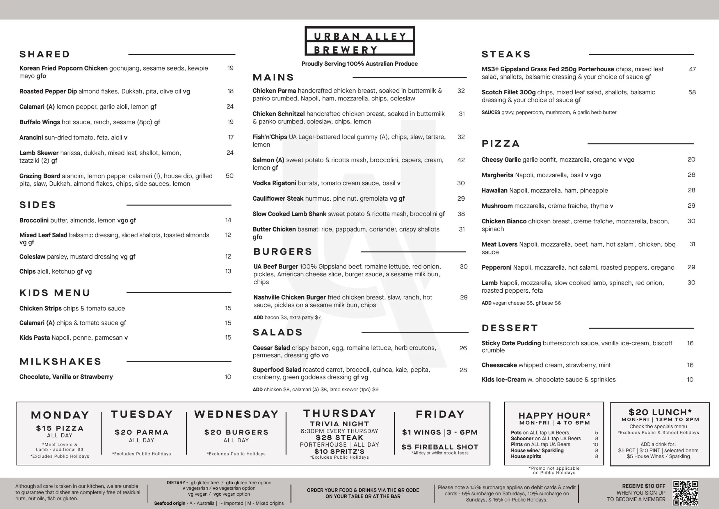 Urban Alley Brewery menu, page 1
