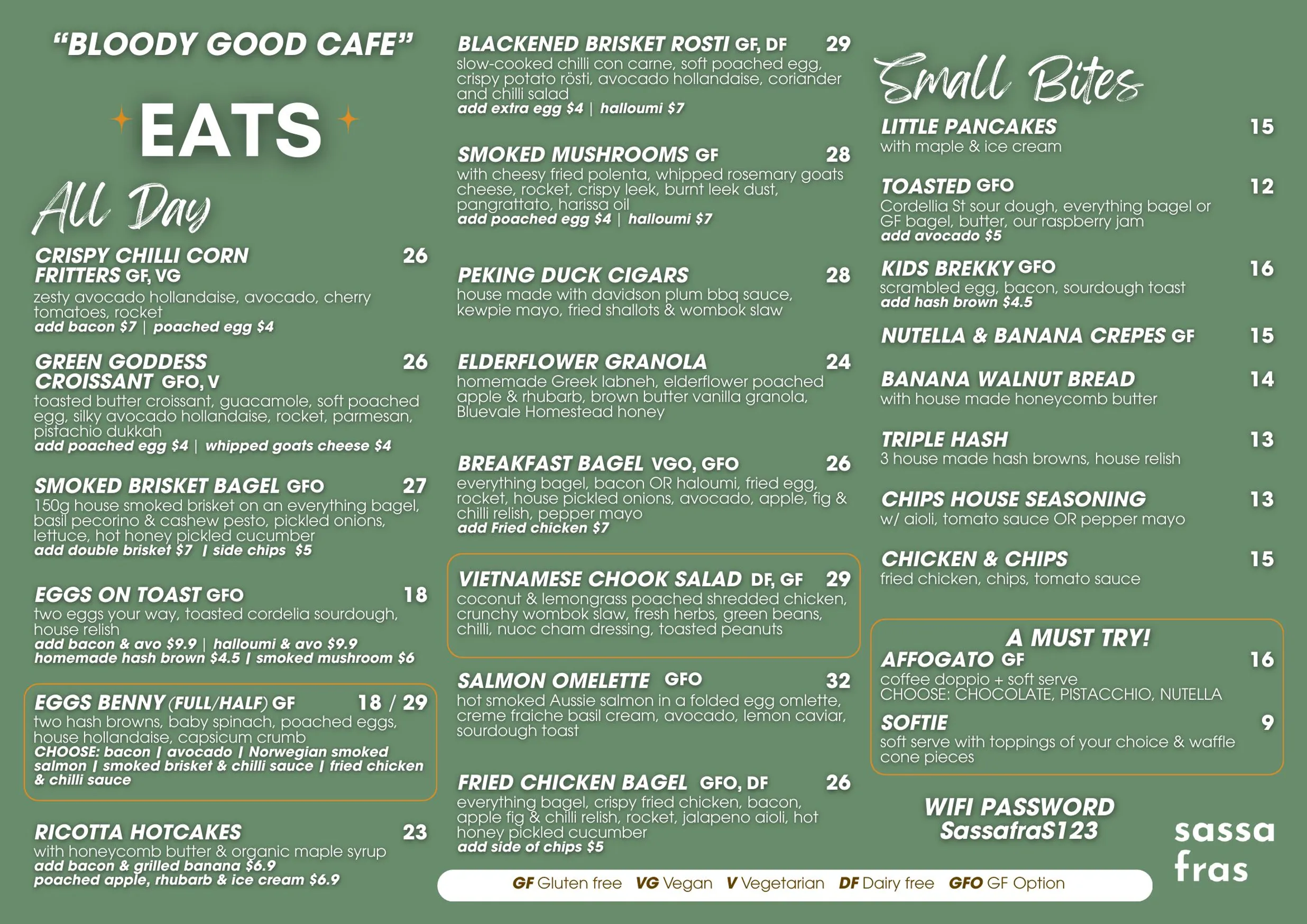 Sassafras of Paddington menu, page 1