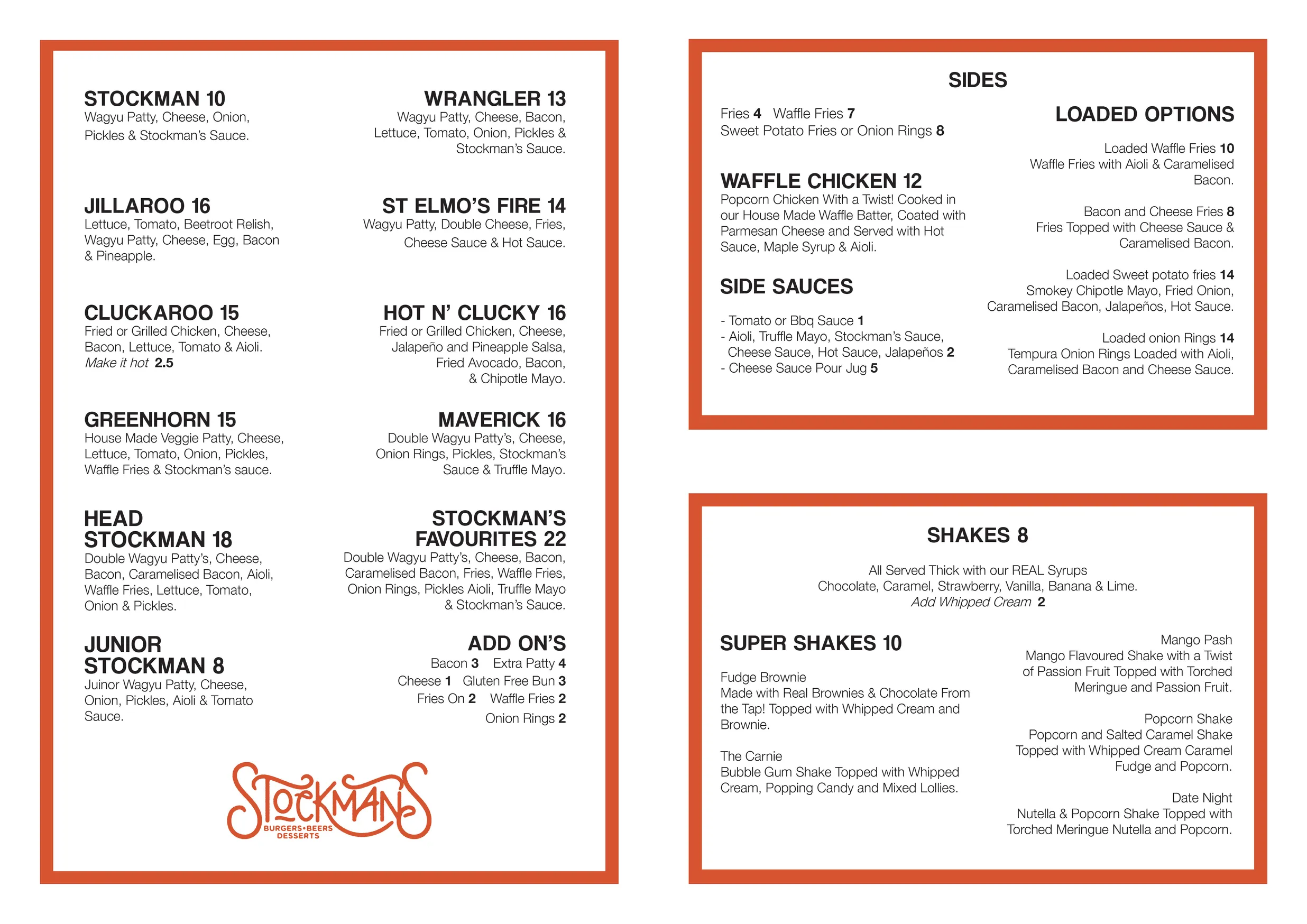 Stockmans Burgers Beers Desserts menu, page 2