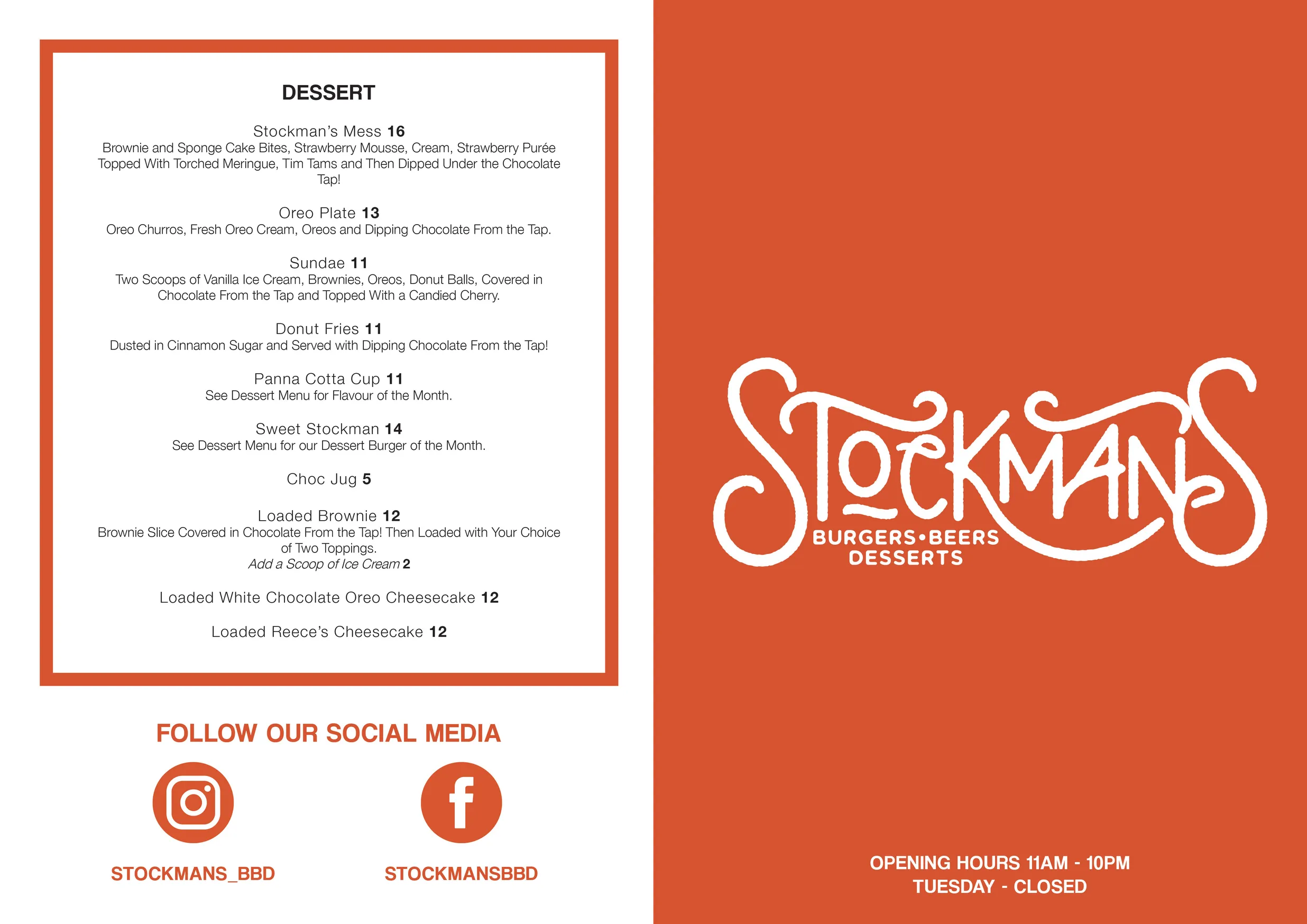 Stockmans Burgers Beers Desserts menu, page 1