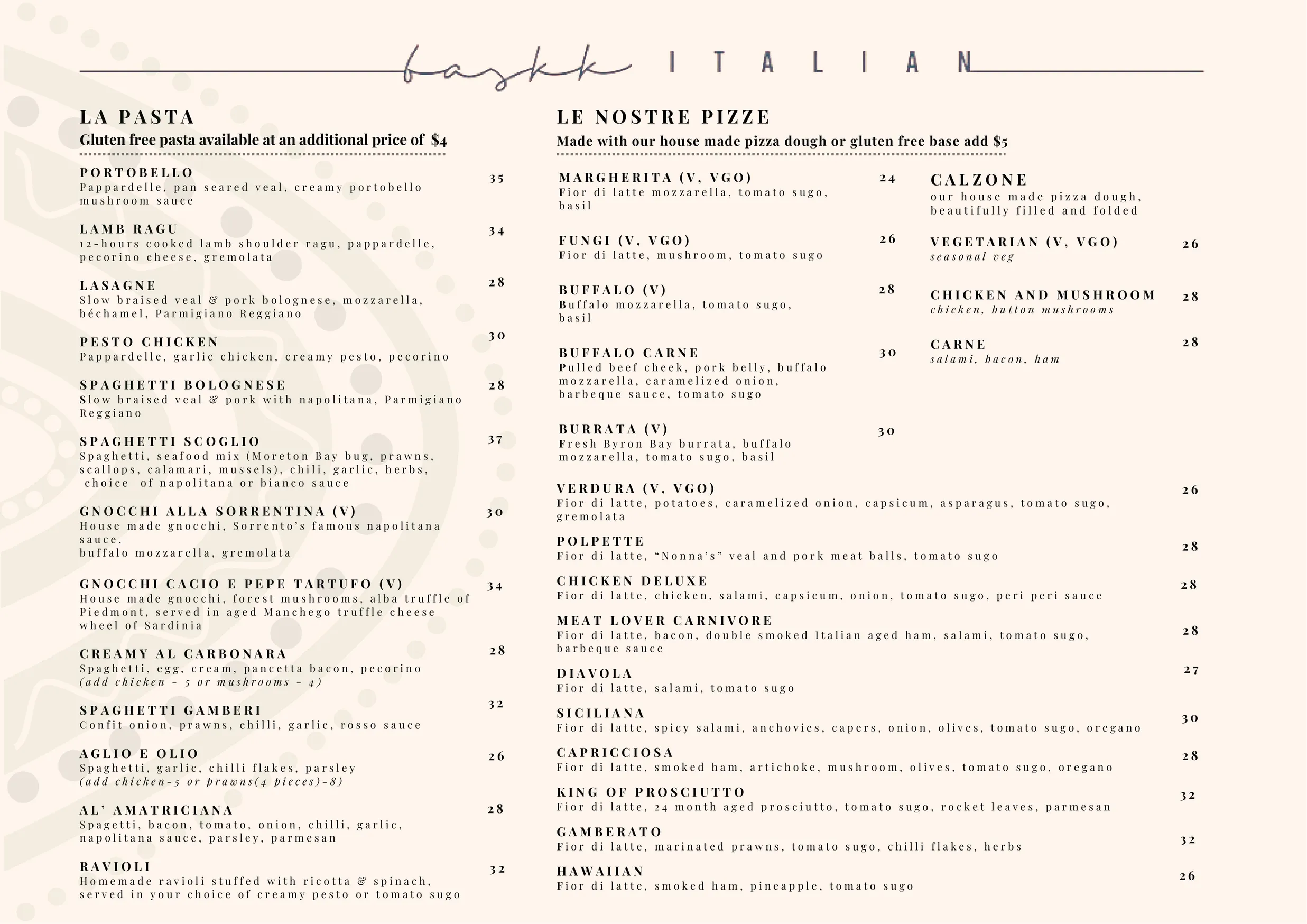 Baskk Italian menu, page 2