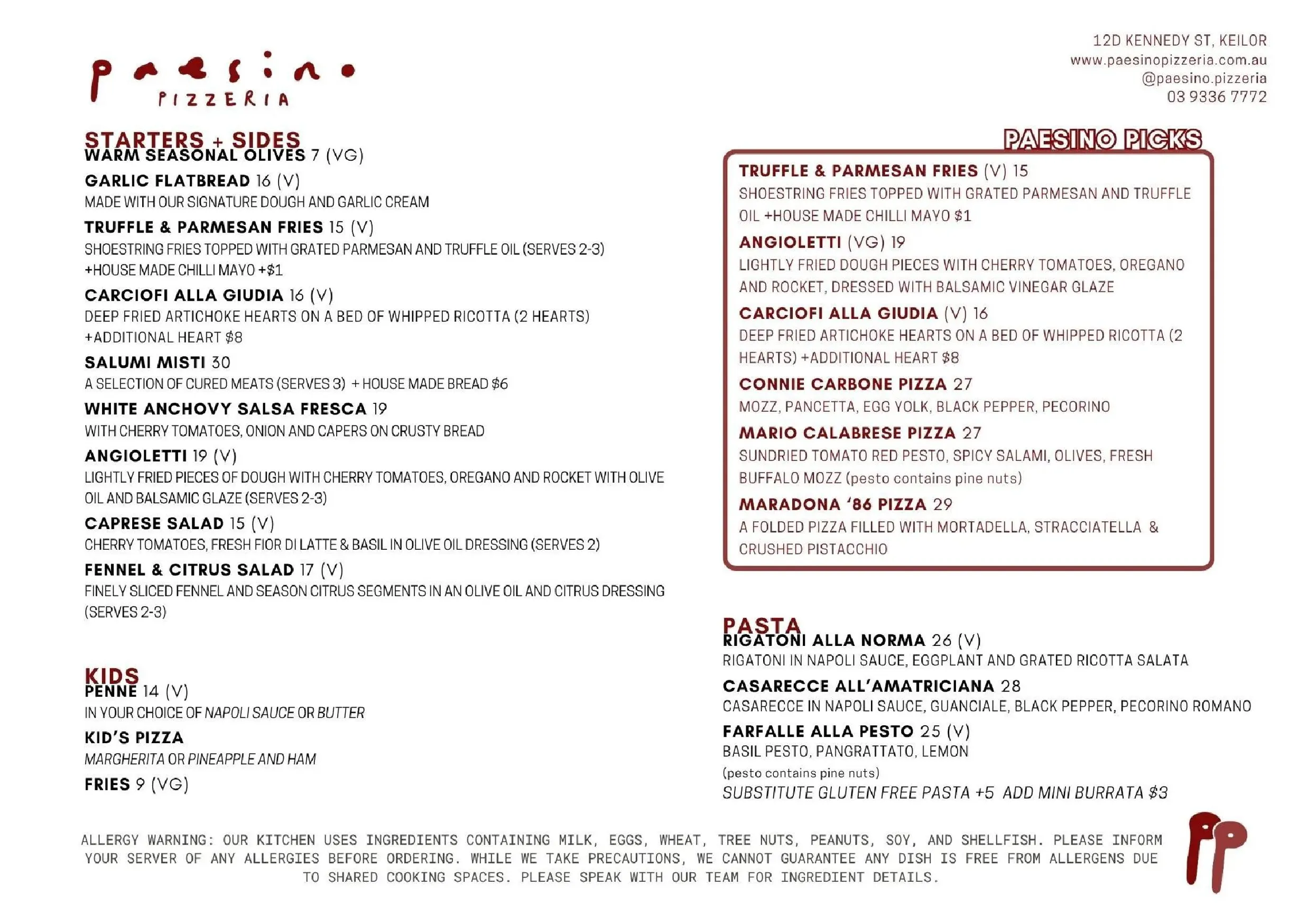 Paesino Pizzeria menu, page 1