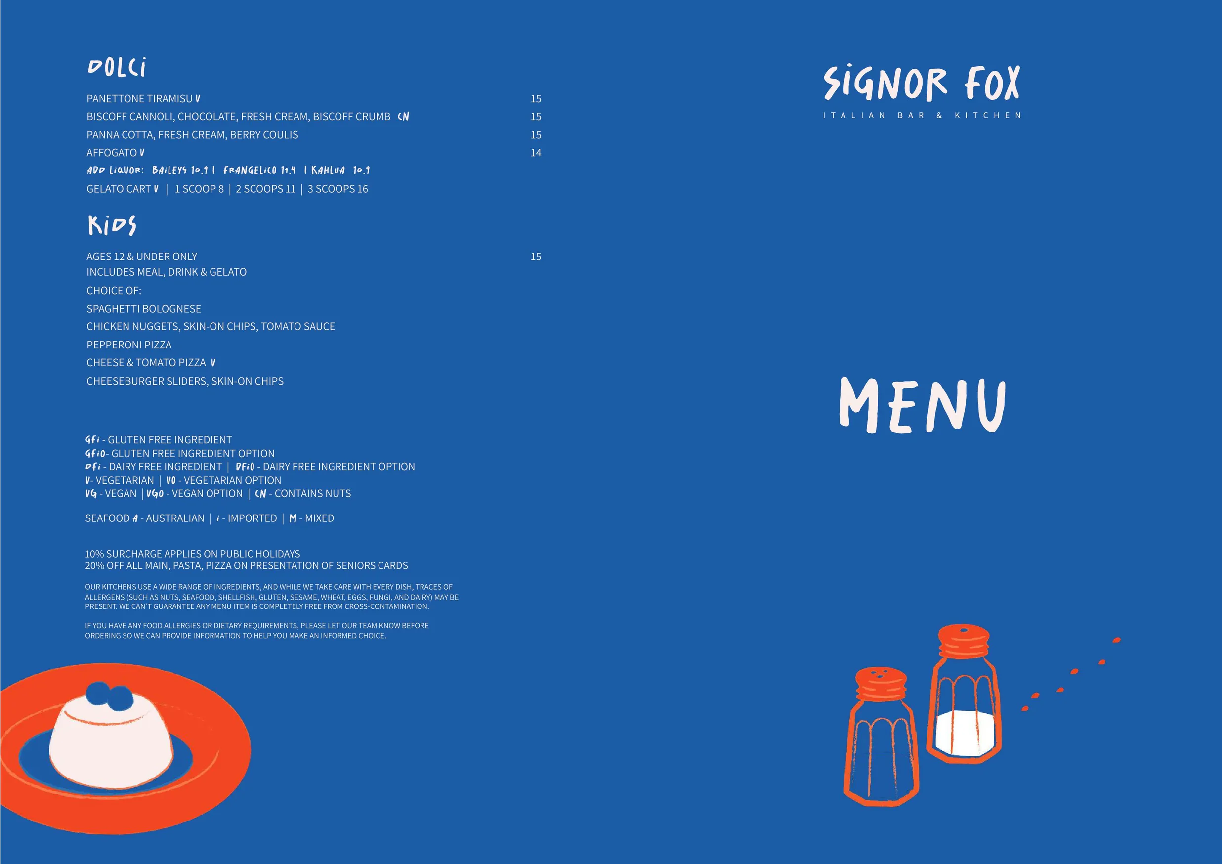 Signor Fox at the Albion Hotel menu, page 2