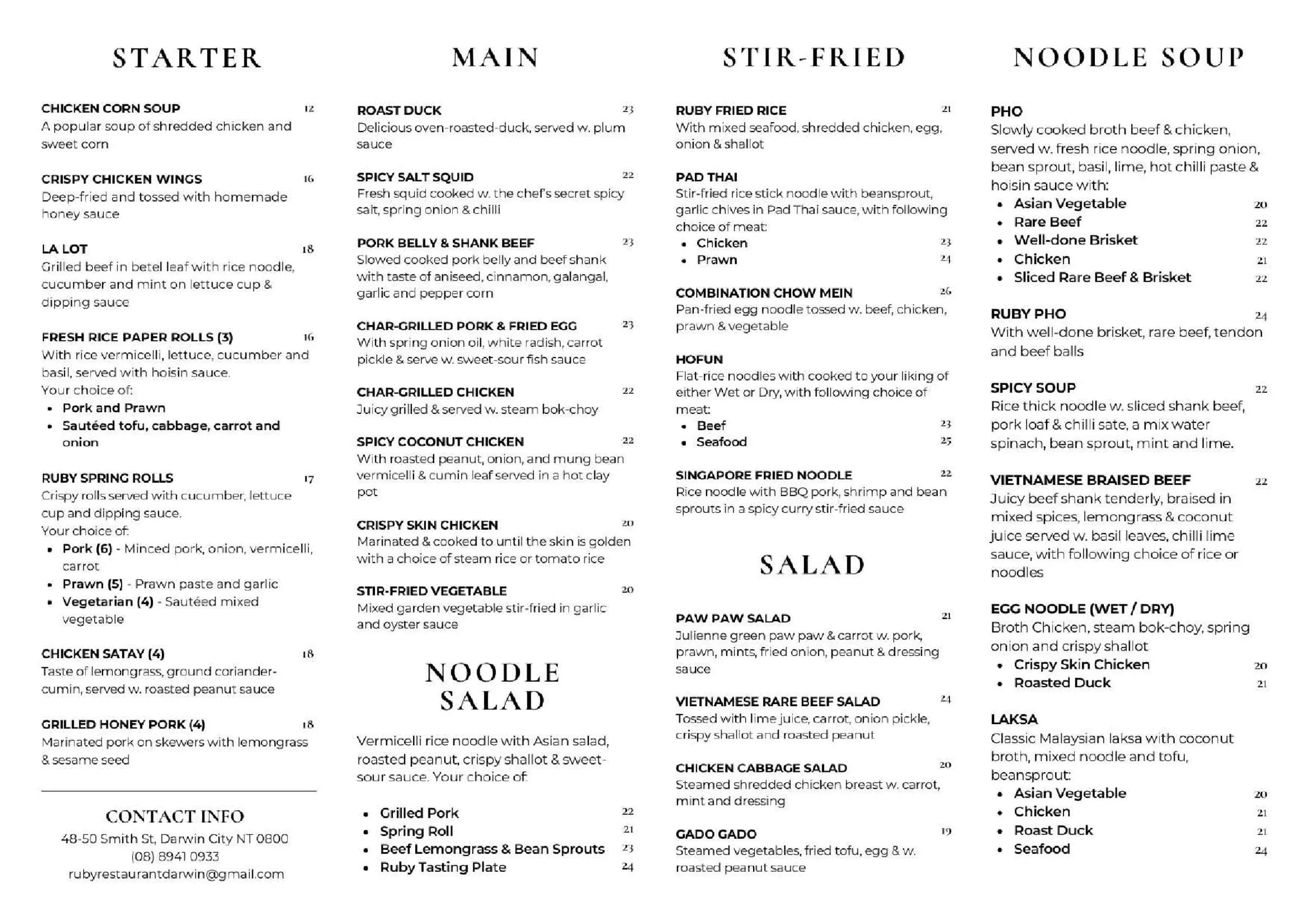 Ruby Restaurant Darwin menu, page 1