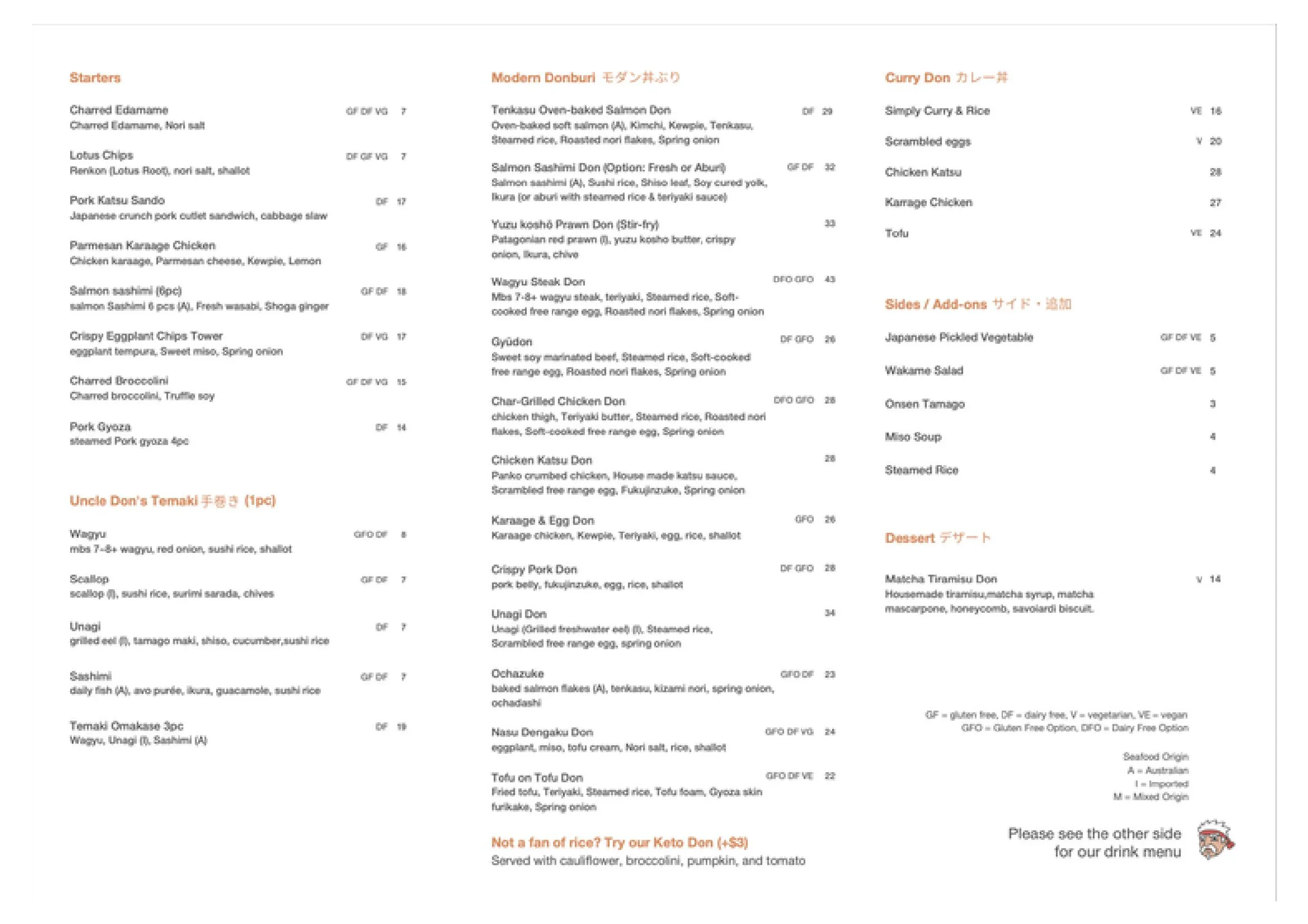 Uncle Don West End menu, page 1
