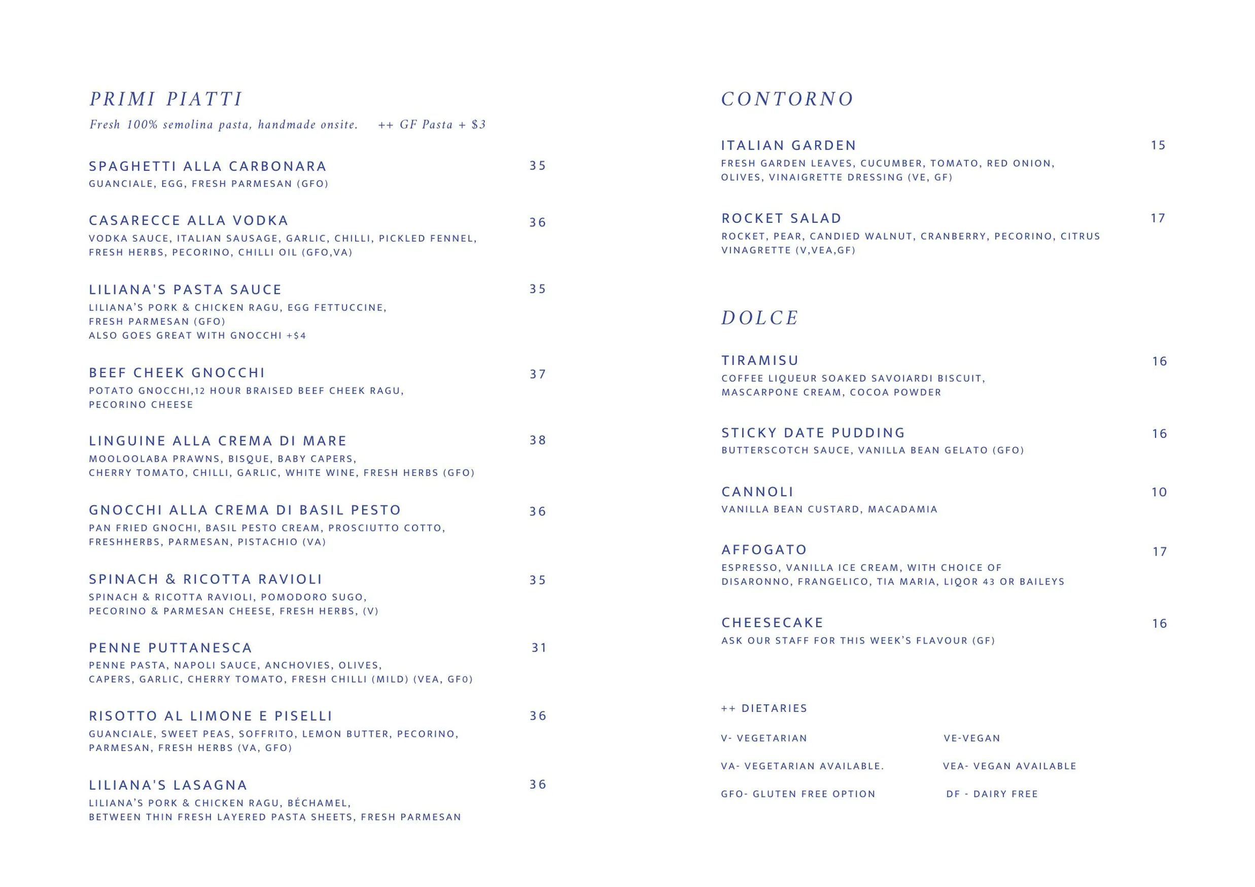 Liliana's Trattoria menu, page 2
