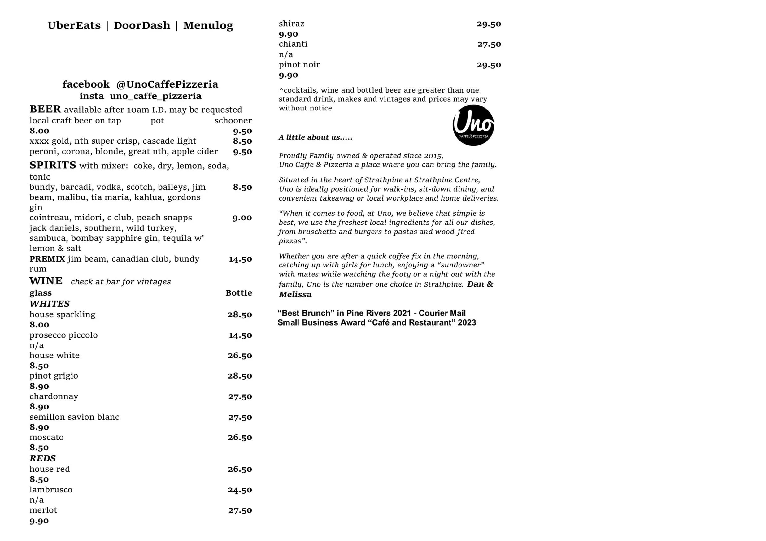 Uno Caffe & Pizzeria menu, page 3