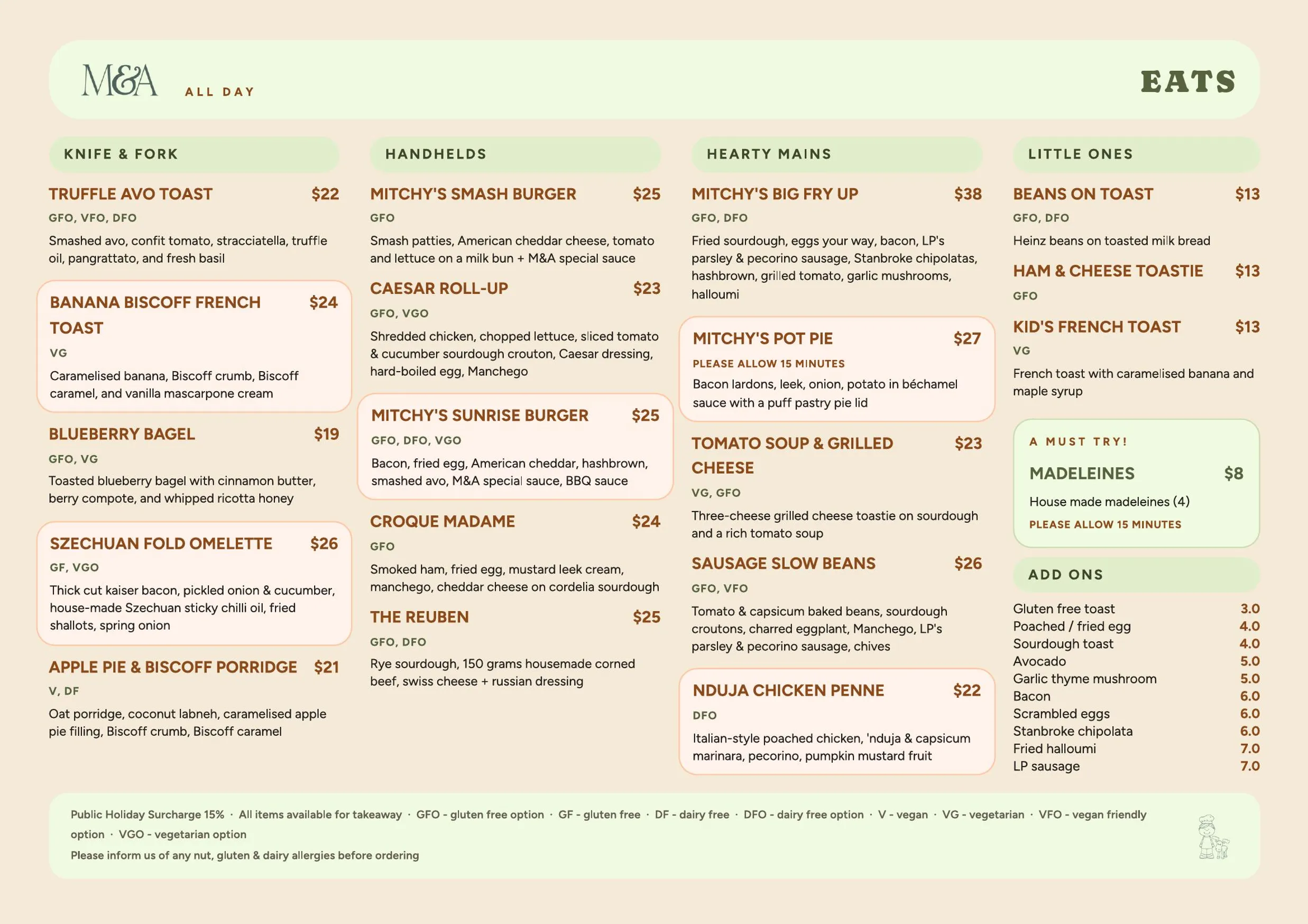 Mitch and Antler menu, page 1