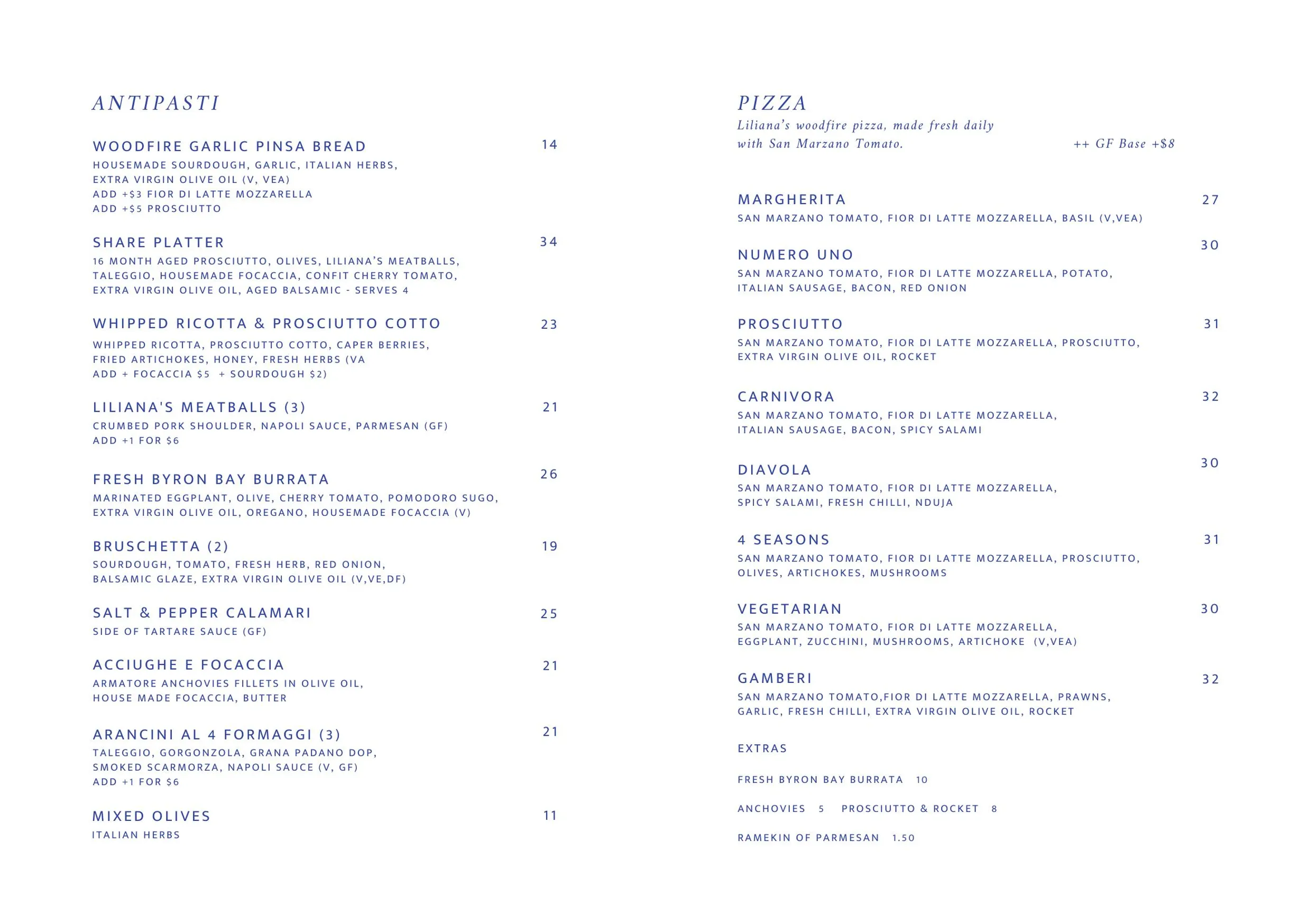 Liliana's Trattoria menu, page 1